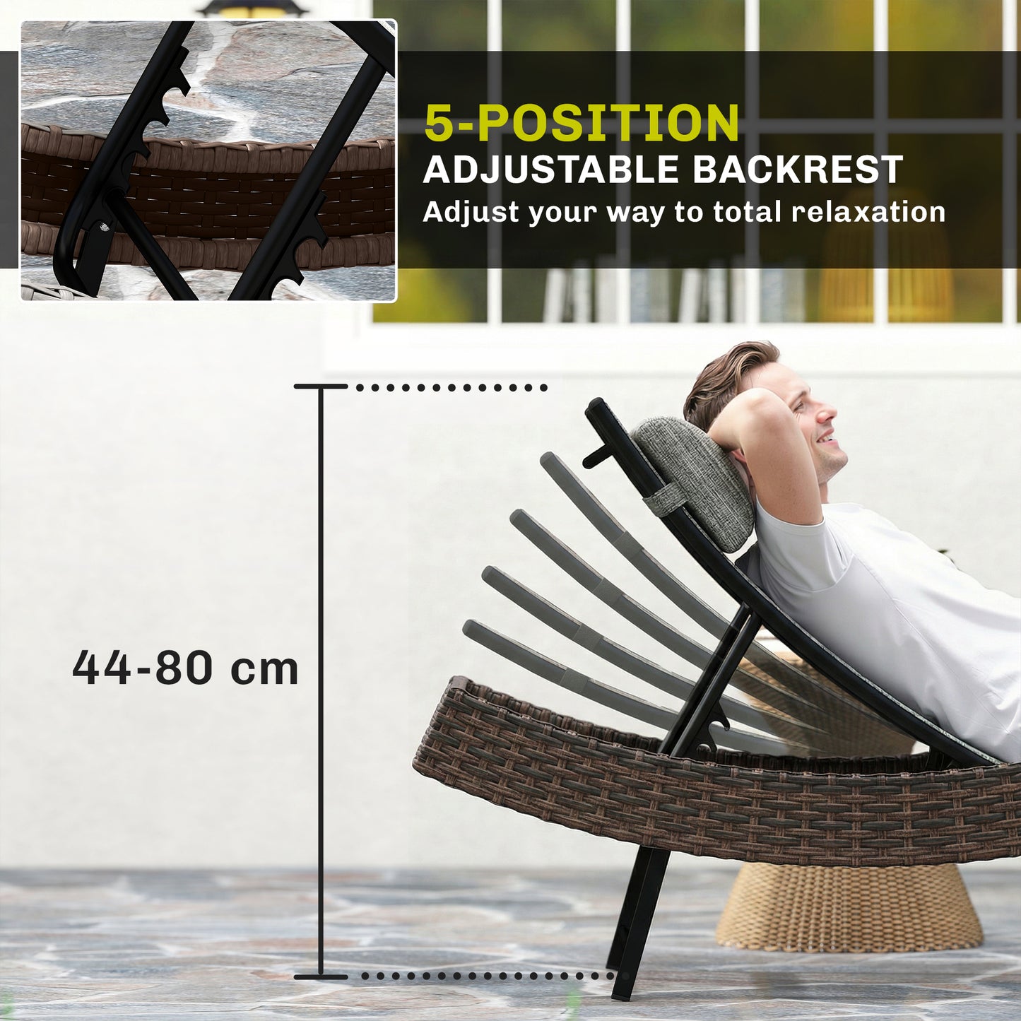 Outsunny Rattan Sun Lounger Garden Recliner With 5 Position Adjustable Back S Shaped Texteline Seat Headrest Brown