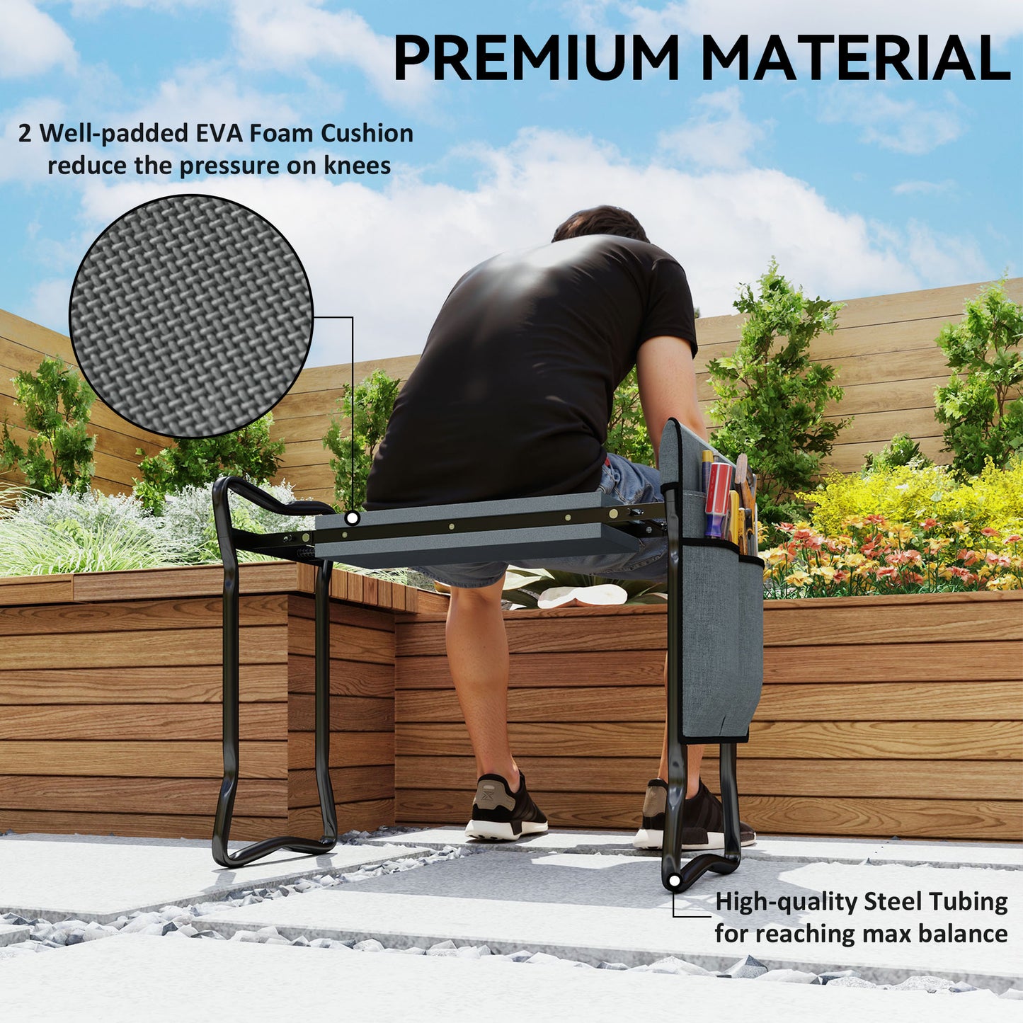 Outsunny Garden Kneeler With Steel Frame Padded Seat Foldable With Tool Bag Grey