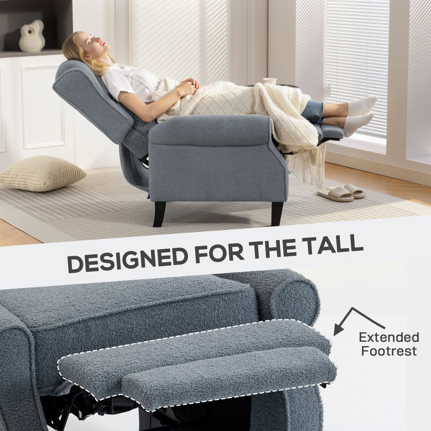 HOMCOM Recliner Armchair With Extended Leg Rest Grey Teddy Fleece Fabric For Tall People 132 Degree Manual Recline