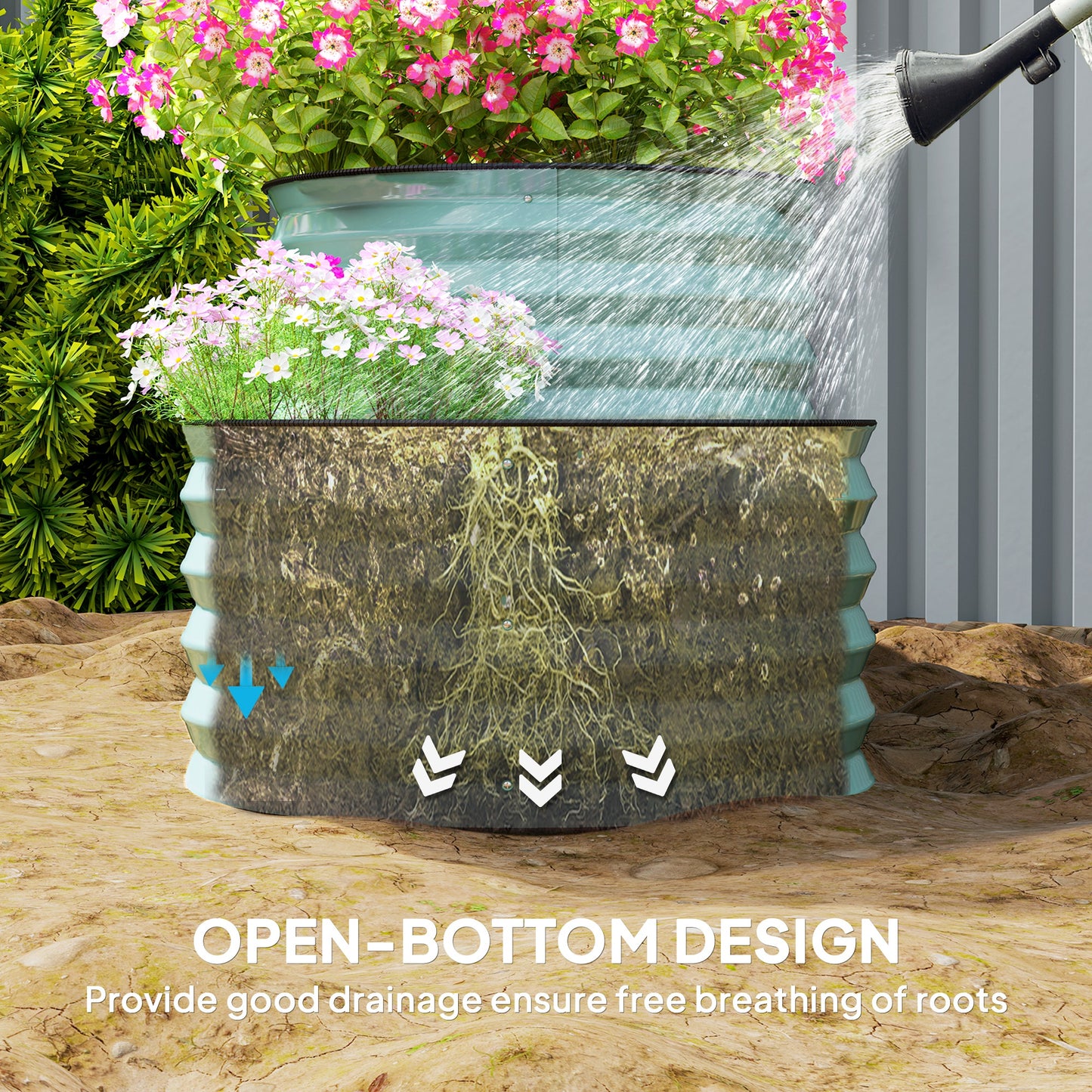 Outsunny Two Tier Galvanised Steel Garden Planter Dark Green Outdoor Plant Stand With Open Bottom