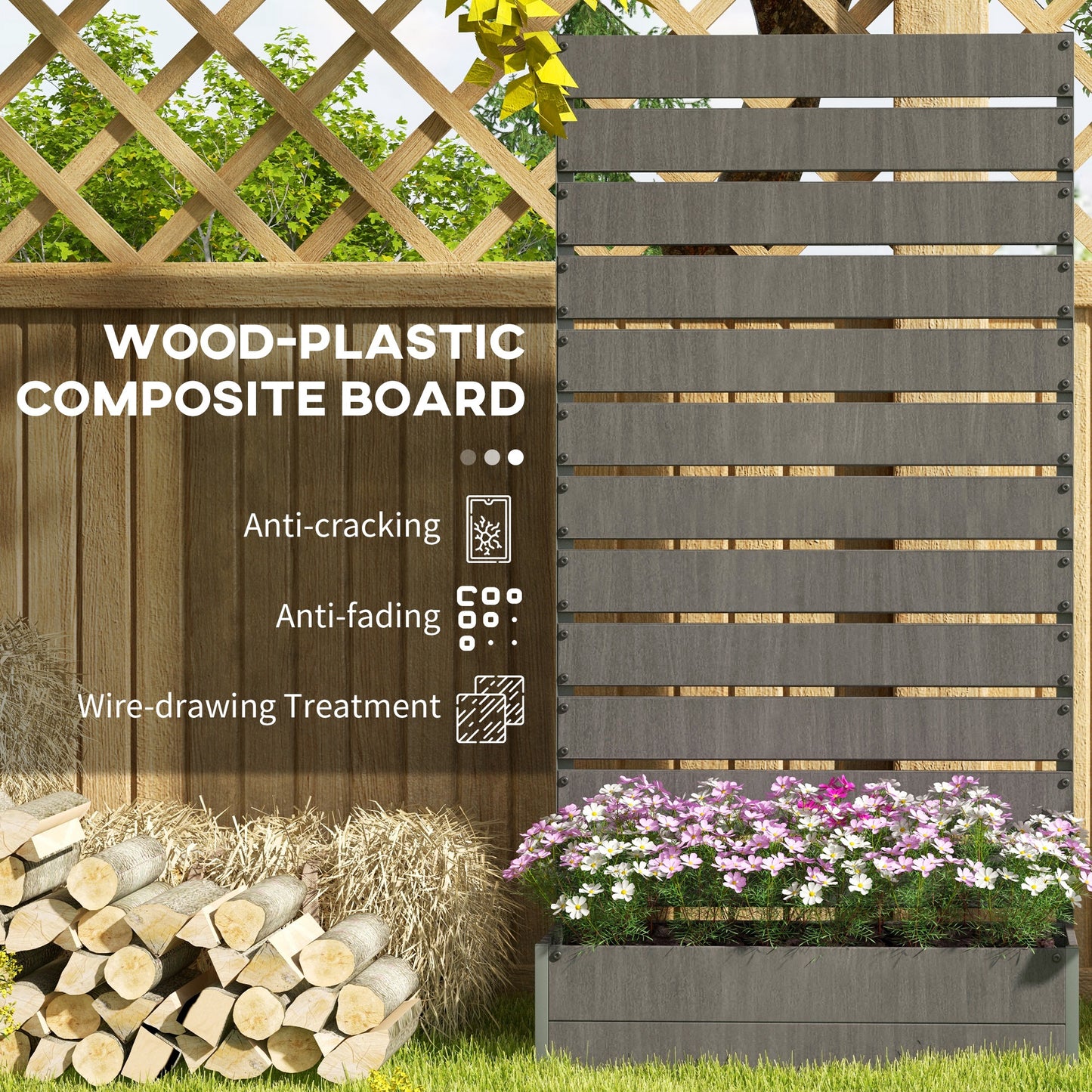 Outsunny Outdoor Garden Planter with Trellis for Climbing Plants - Dark Grey Raised Bed with Drainage Feature - ALL4U RETAILER LTD