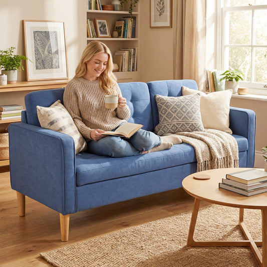 HOMCOM Three Seater Sofa Blue With Hidden Storage And Wood Legs 169cm Couch For Living Room