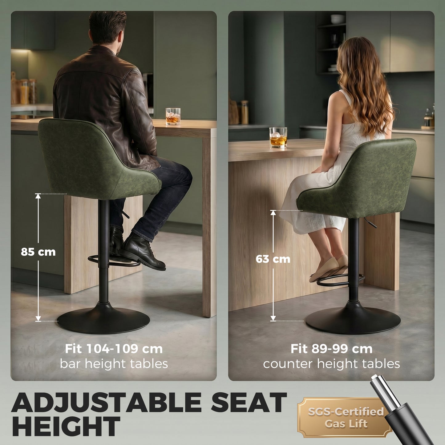 HOMCOM Adjustable Bar Stools Swivel Kitchen Chairs With Backrest Set Of 2 For Kitchen Island Dark Green