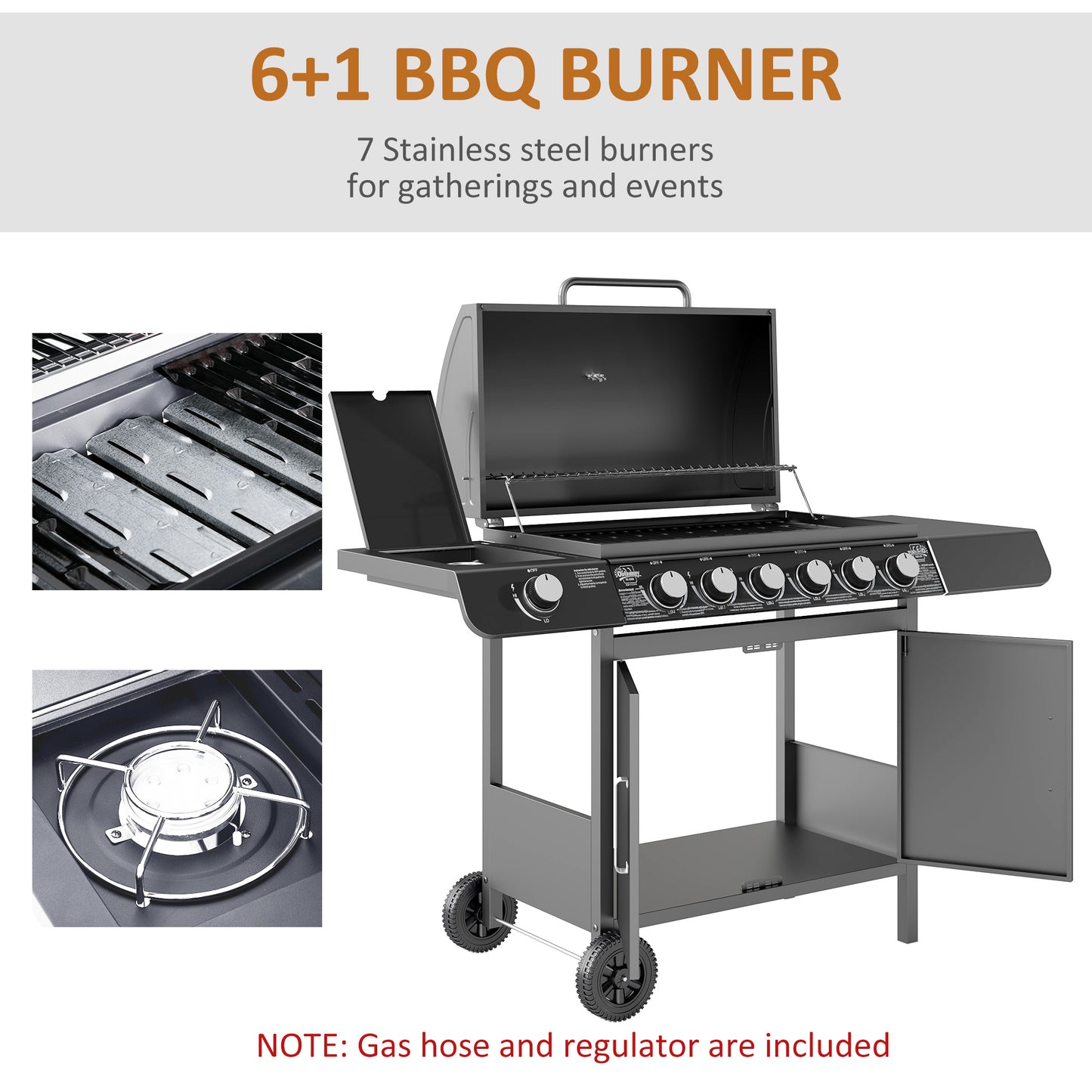 Outsunny Seven Burner Gas BBQ Grill Grey With Side Burner And Large 2646 Sq Cm Cooking Area