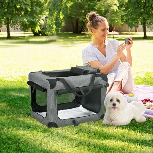 PawHut 70cm Grey Oxford Folding Pet Carrier Bag - Portable & Convenient for Travel, Comfortable & Secure for Pets