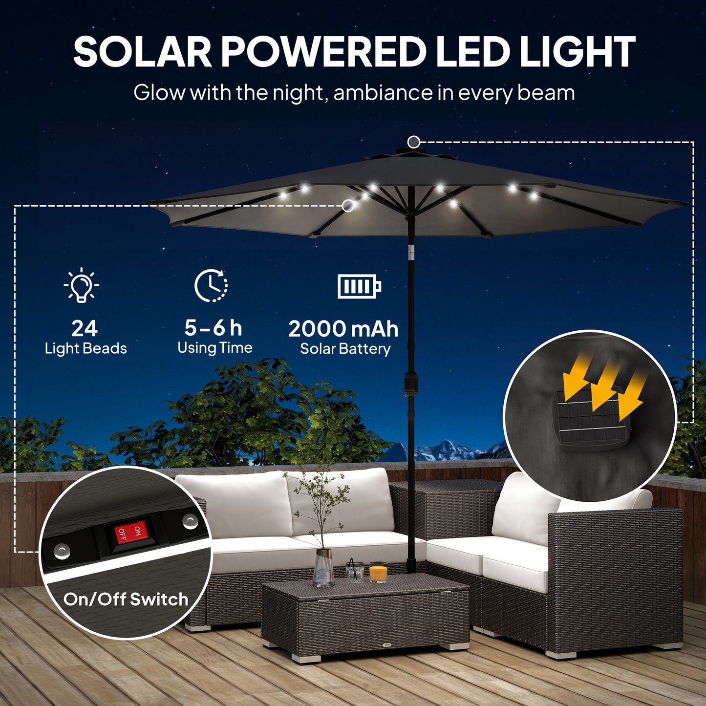 Outsunny 2.6m Garden Parasol Umbrella With LED Solar Light Parasol Cover Outdoor Market Patio Black