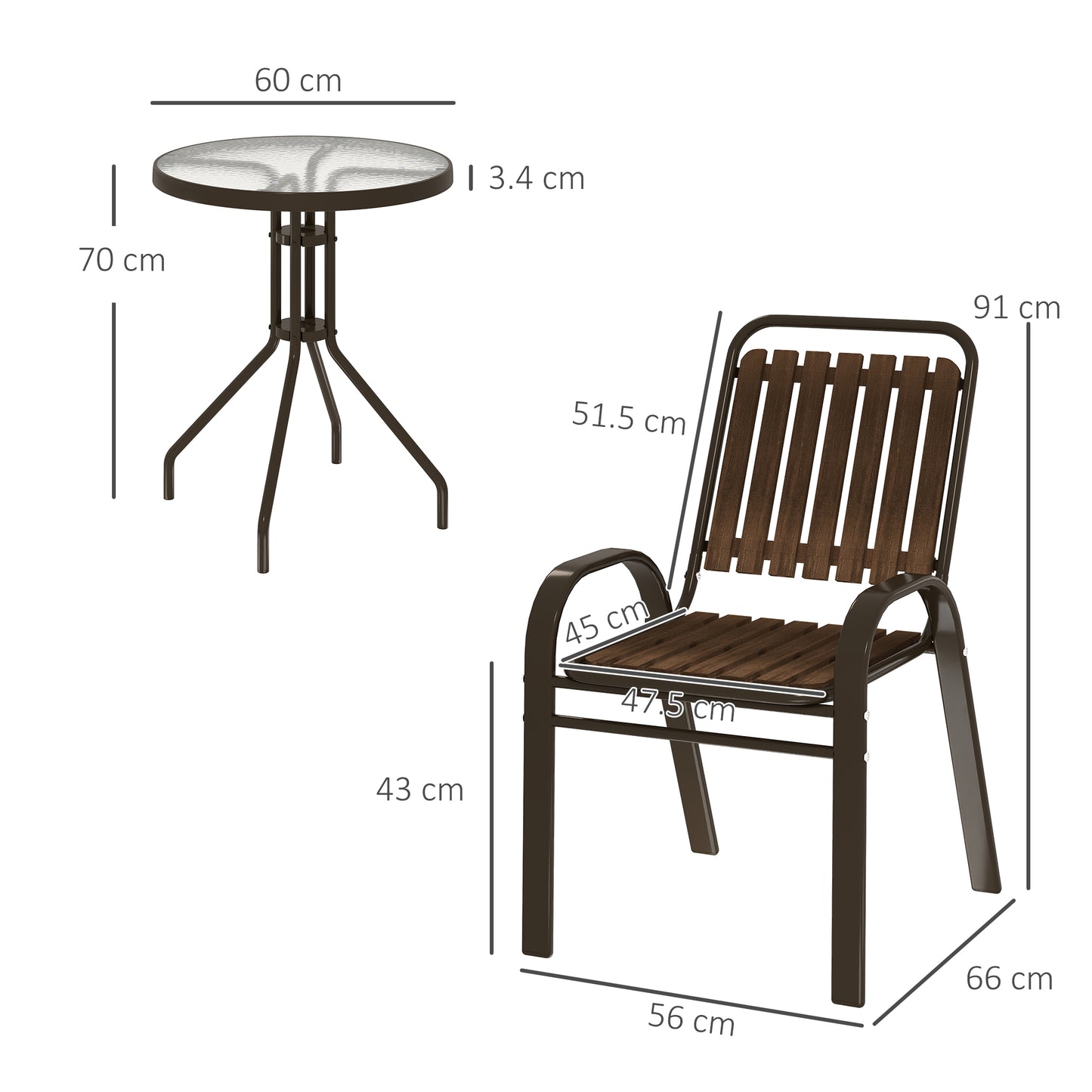 Outsunny 3 Pieces Patio Bistro Set With Stackable Chairs And Tempered Glass Table For Outdoor Balcony Garden Dark Brown