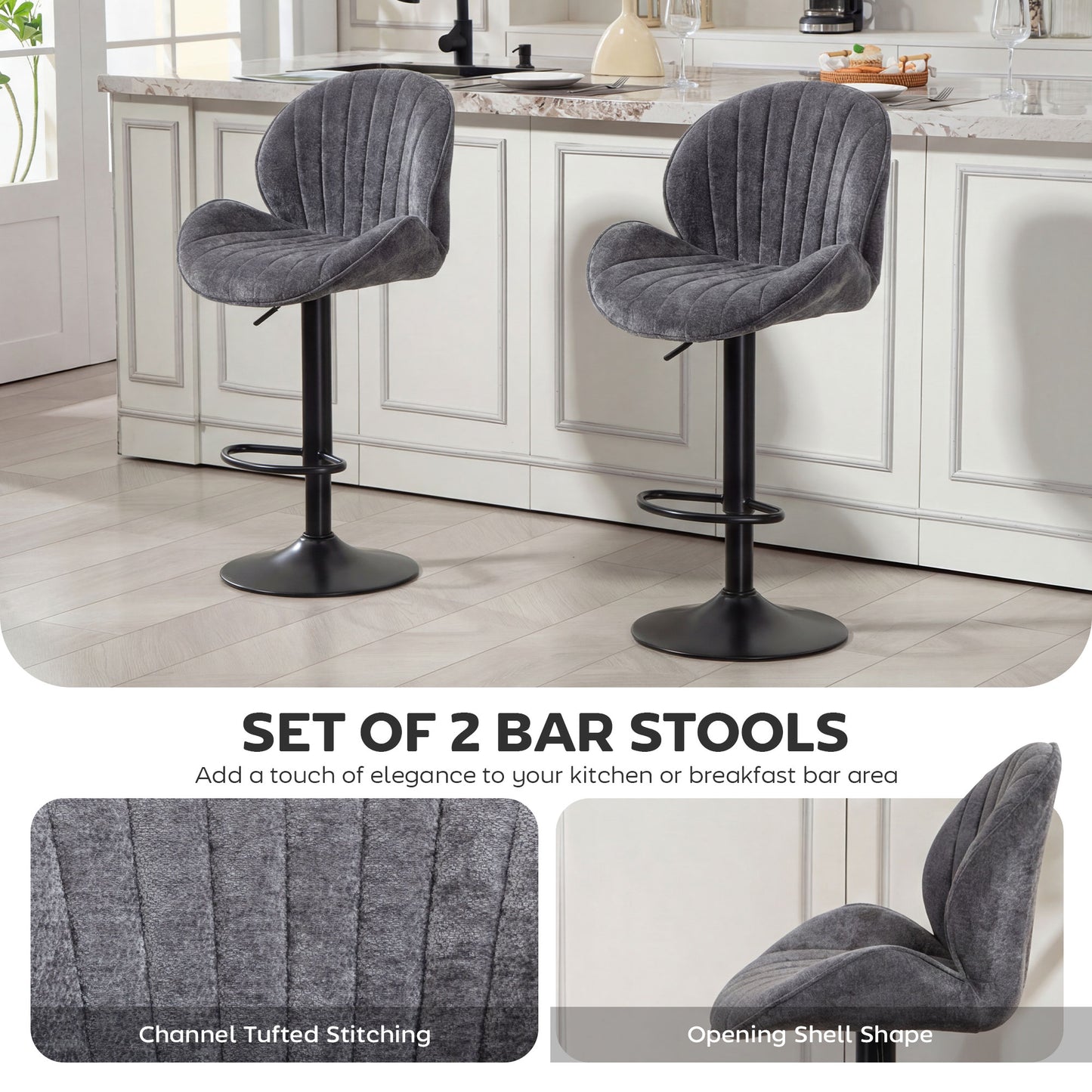 HOMCOM Bar Stools Set Of 2 With Backrest 360 Degree Swivel Adjustable Height Footrest Grey For Kitchen Island And Dining
