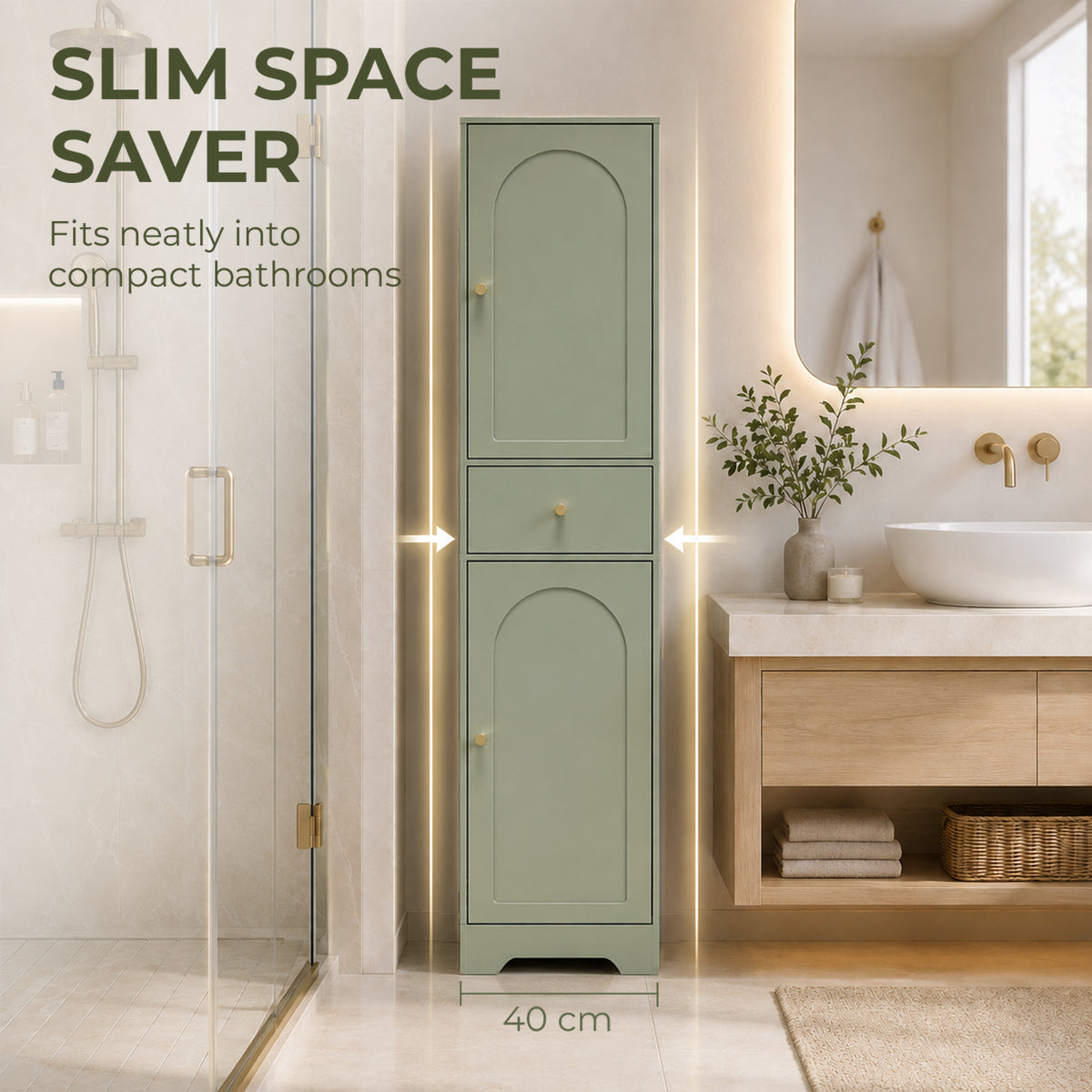 HOMCOM Tall Bathroom Storage Cabinet with Drawer and Arched Doors Light Green