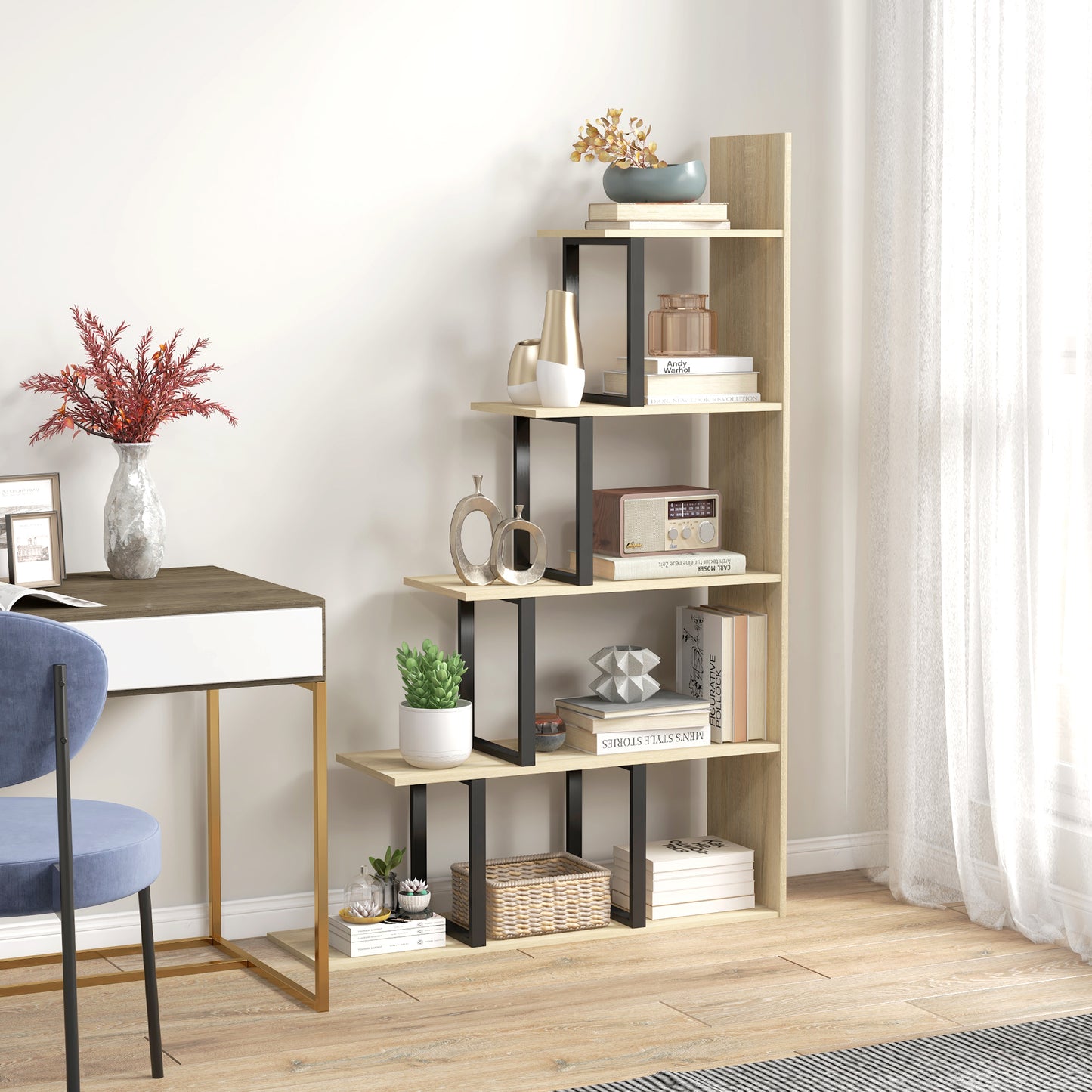 HOMCOM 5 Tier Wooden Ladder Bookshelf Display Stand Oak Finish For Home Office Living Room Organization
