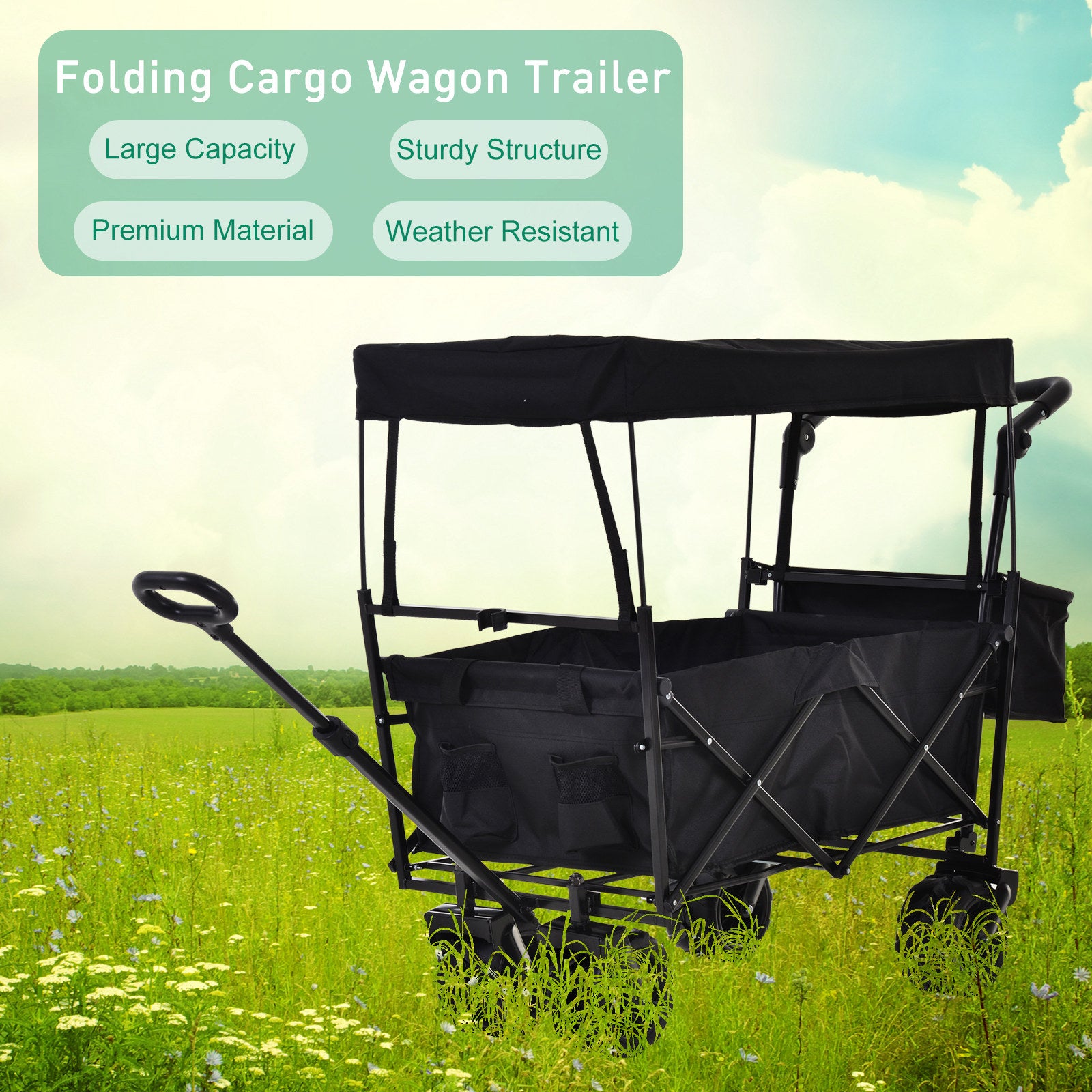 DURHAND Versatile Folding Trolley Cart with Canopy, 4-Wheel Beach and Garden Storage Solution - Black - ALL4U RETAILER LTD