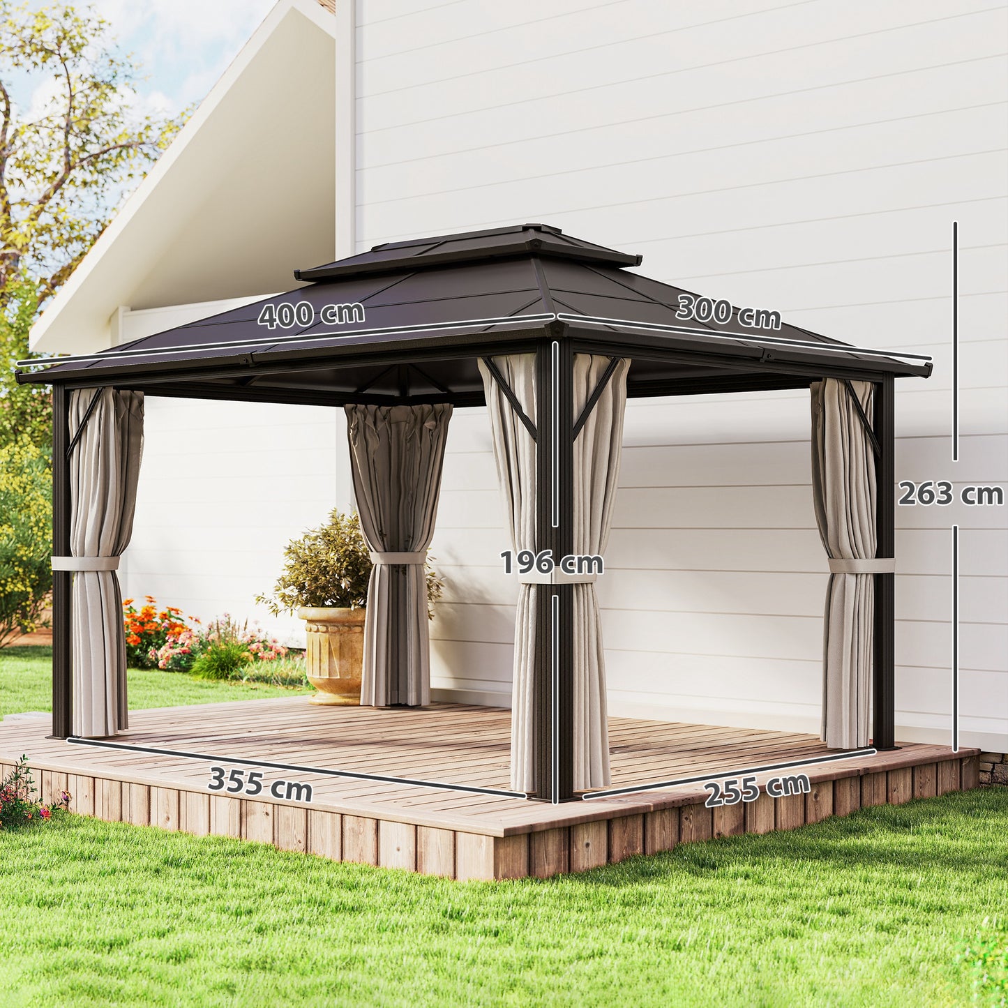 Outsunny 3 By 4m Hardtop Gazebo With UPF30 Polycarbonate Roof Aluminium Frame Mosquito Netting Curtains Beige Patio