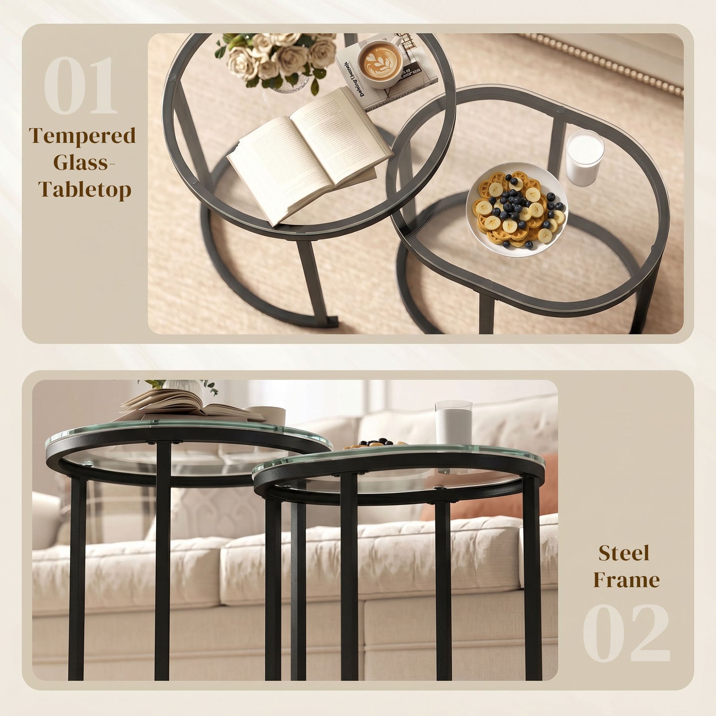 HOMCOM Nest of Tables Set of 2 with Steel Frame and Tempered Glass Tabletops Modern Black Coffee Tables