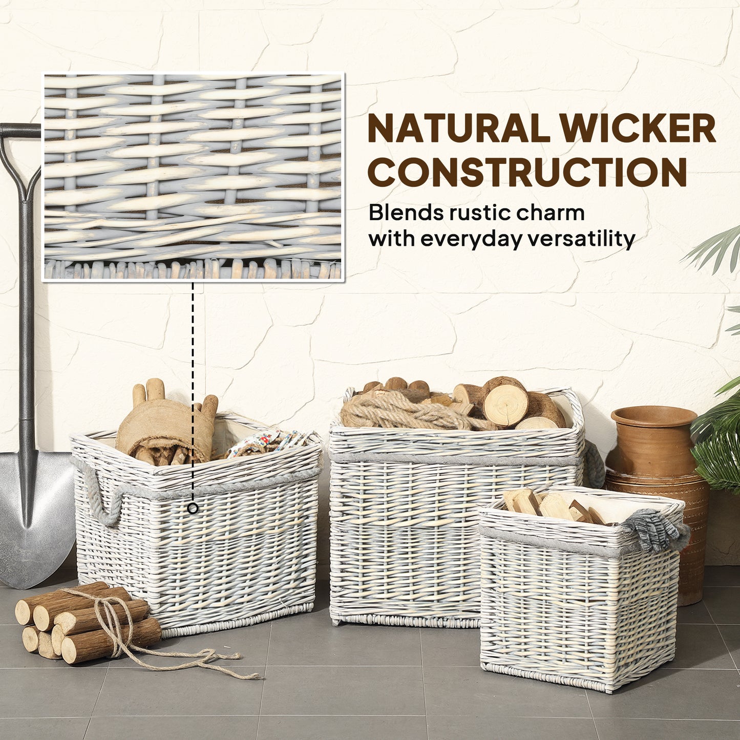 Outsunny Set Of 3 Log Baskets For Wood Burner Indoor With Lining And Rope Handles Wicker Fireside Storage Beige
