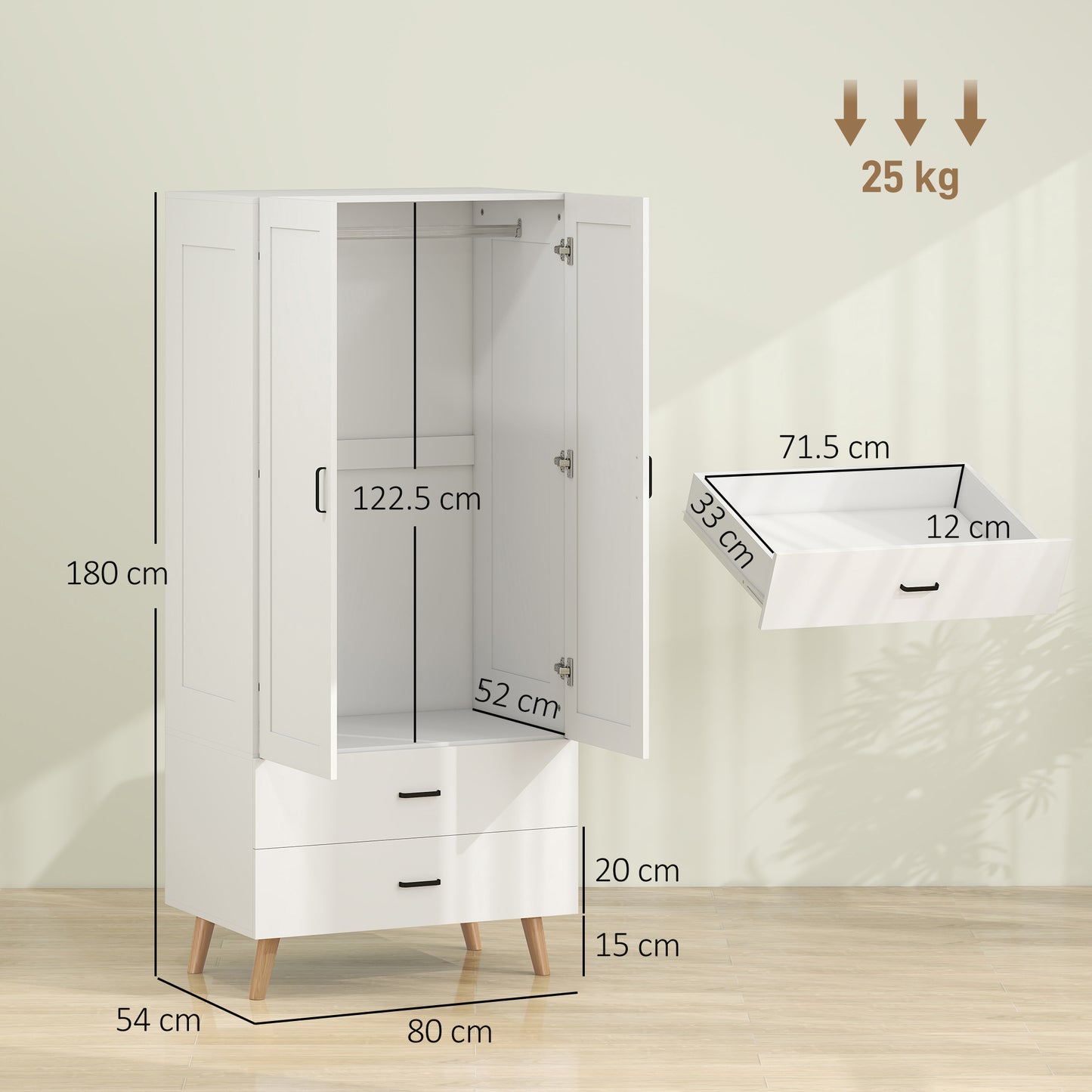 HOMCOM 2 Door Wardrobe With 2 Drawers And Hanging Rail In White For Bedroom Storage