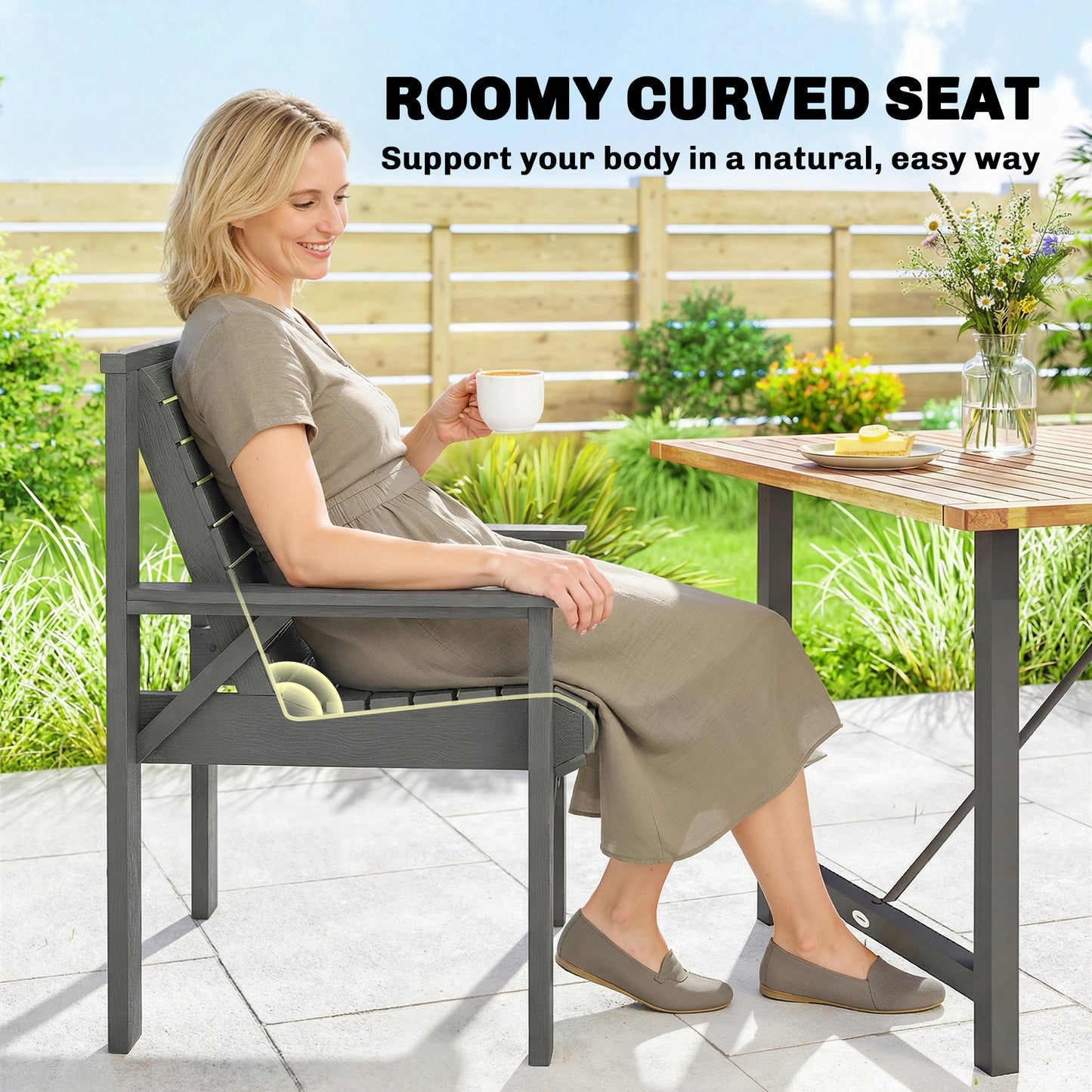Outsunny Wooden Garden Dining Chair Outdoor Armchair With Curved Seat And Wide Armrests Grey Embossed Finish