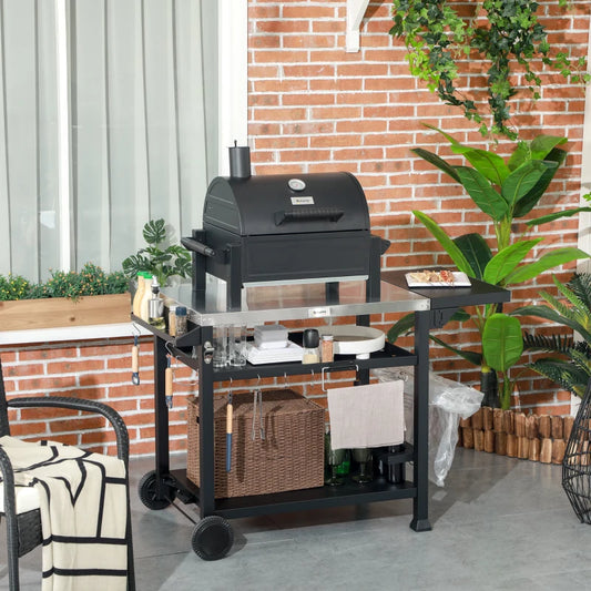 Outsunny Multi-Feature BBQ Grill Table with Stainless Steel Top - Outdoor Cooking Station, Black - ALL4U RETAILER LTD