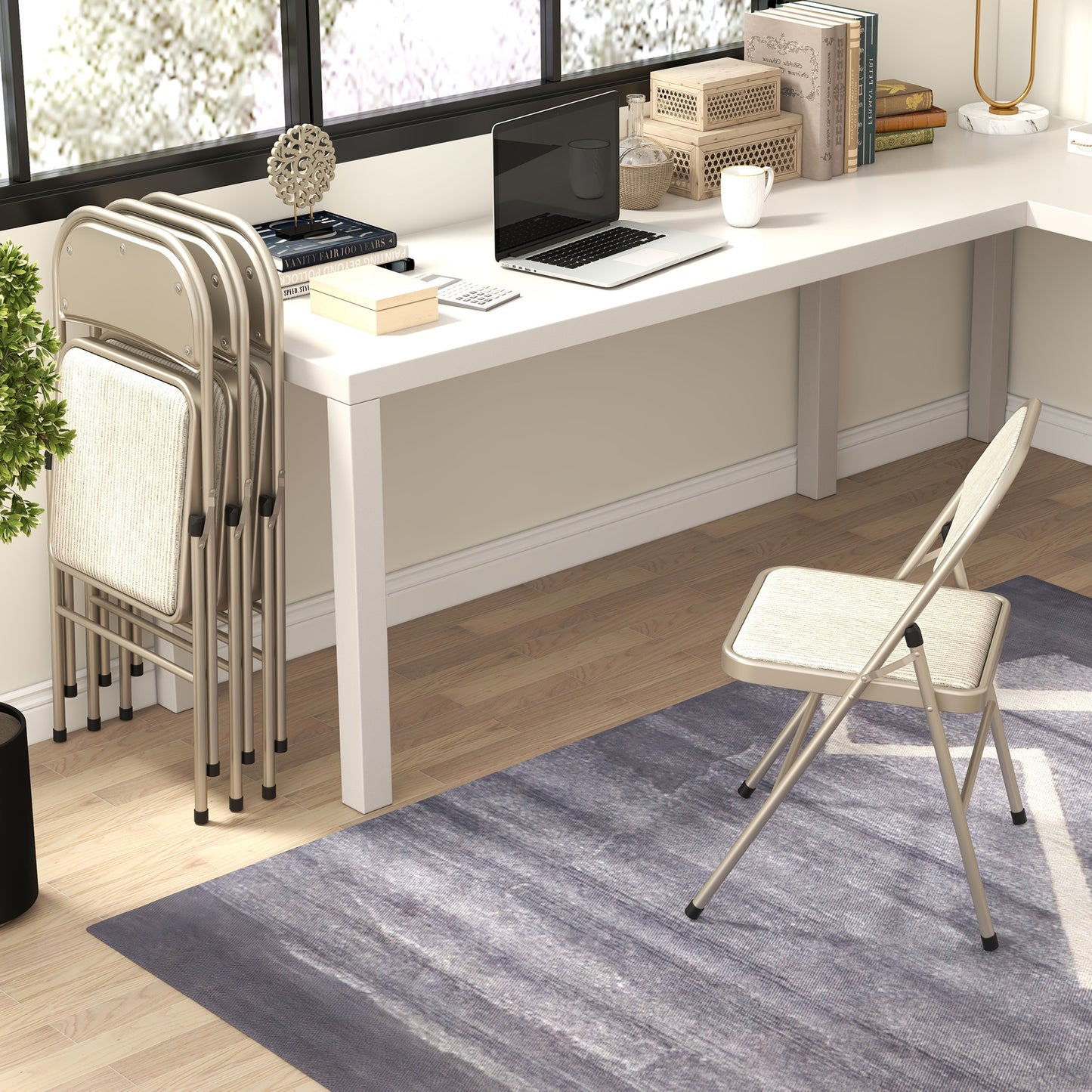 HOMCOM Linen-Look Set of Four Cushioned Folding Chairs Beige for Instant Seating Comfort