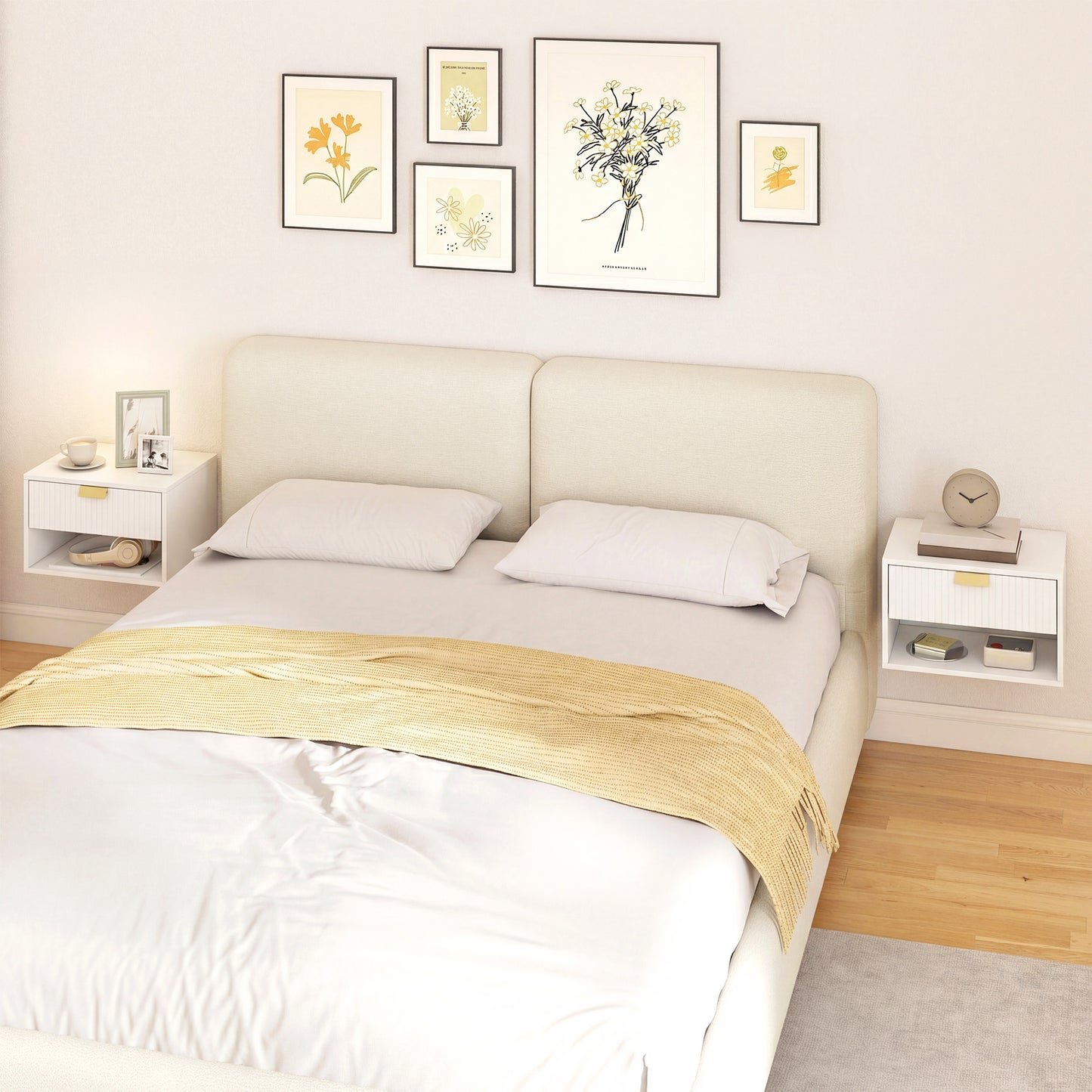 HOMCOM Set Of 2 Wall Mounted Nightstands Floating Bedside Tables With Fluted Drawer Open Shelf White