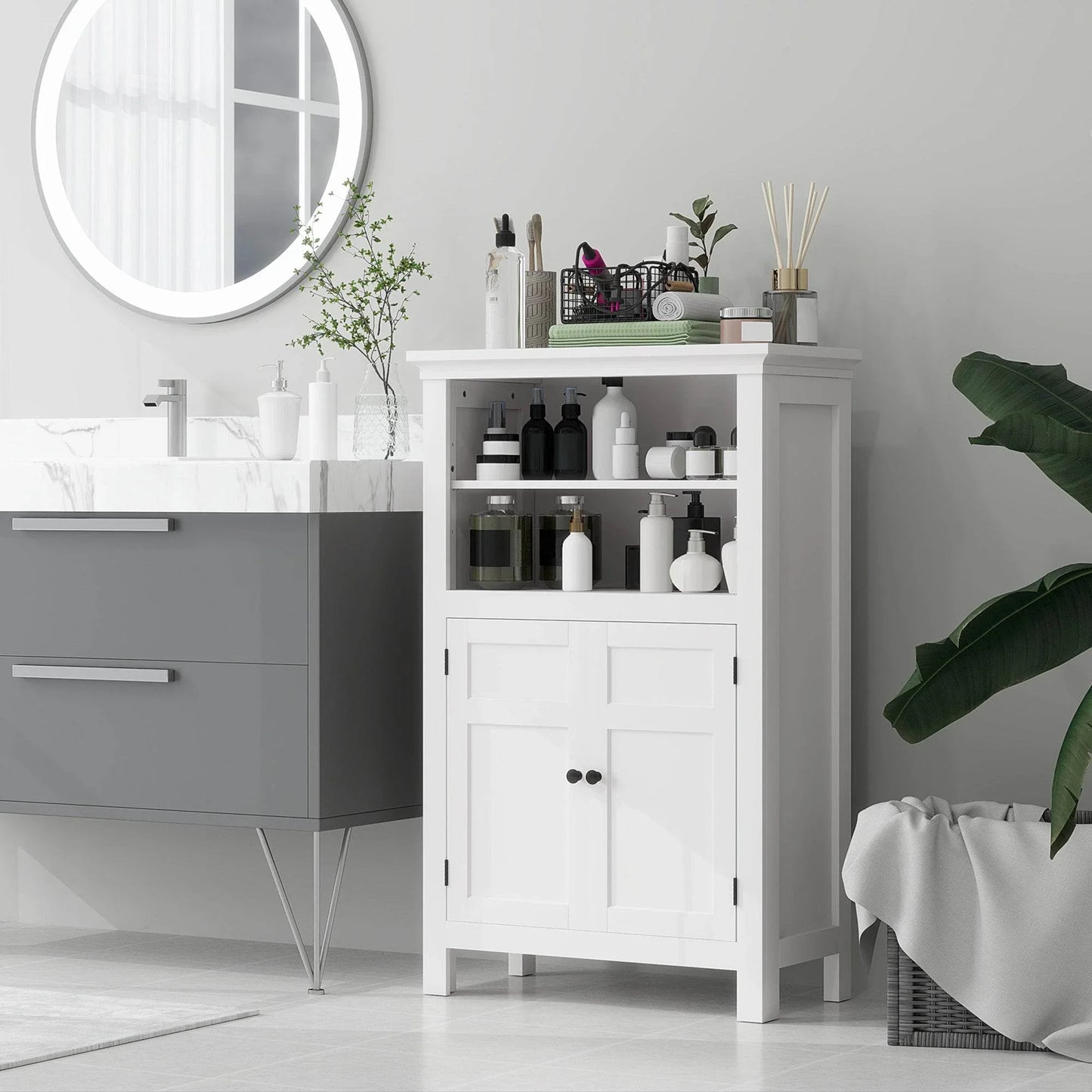 Compact White Bathroom Storage Cabinet with Adjustable Shelves - ALL4U RETAILER LTD