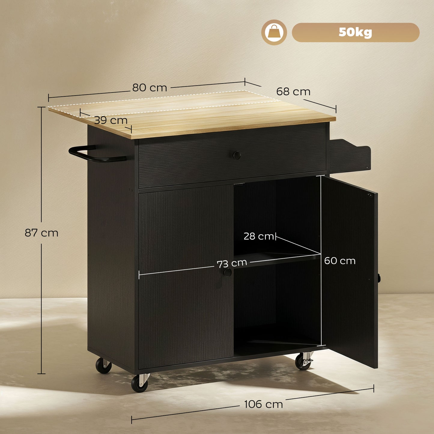HOMCOM Kitchen Island With Drop Leaf Rolling Cart And Storage Drawer