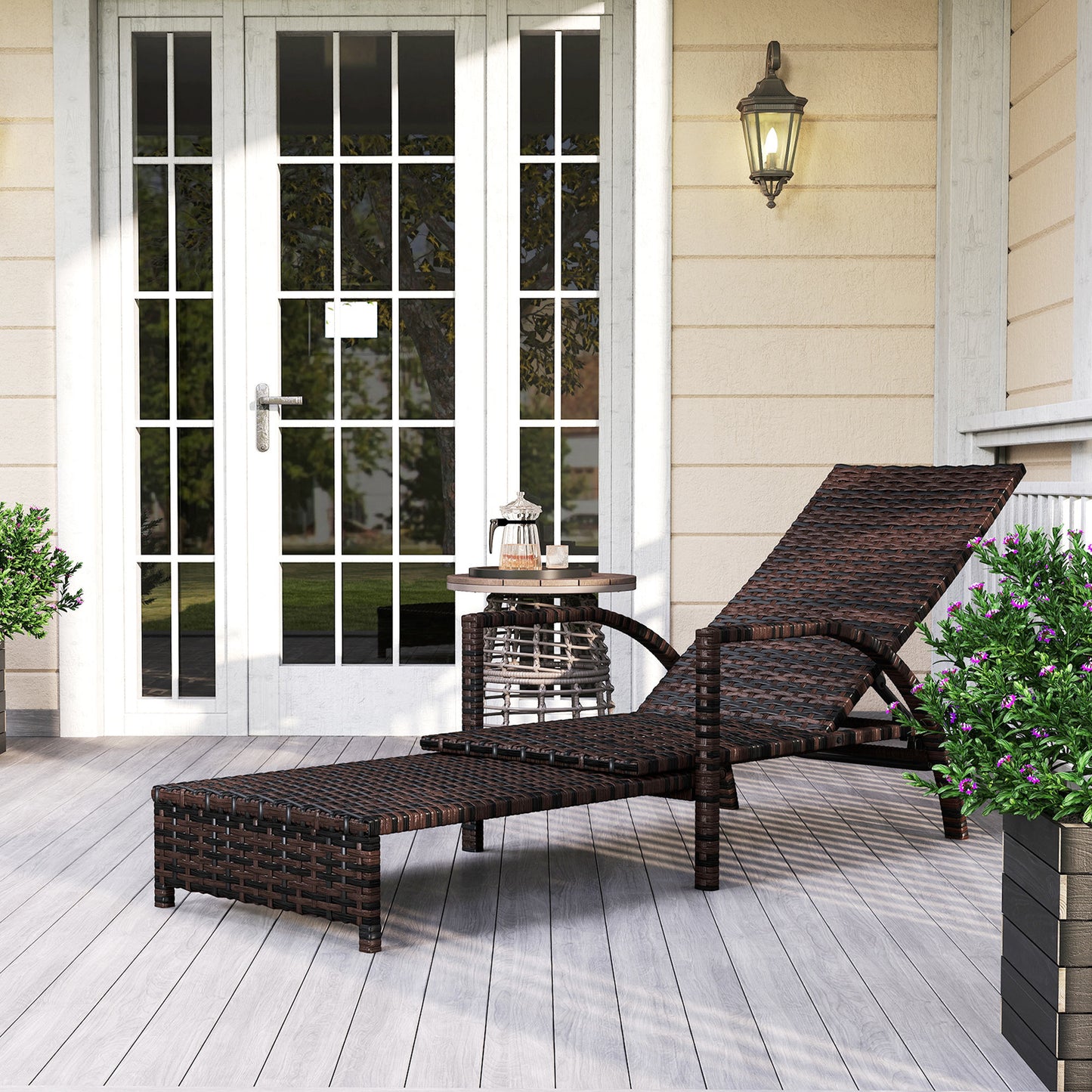 Outsunny Reclining Rattan Lounger With Extending Footrest Brown Outdoor Sun Lounger With Adjustable Backrest