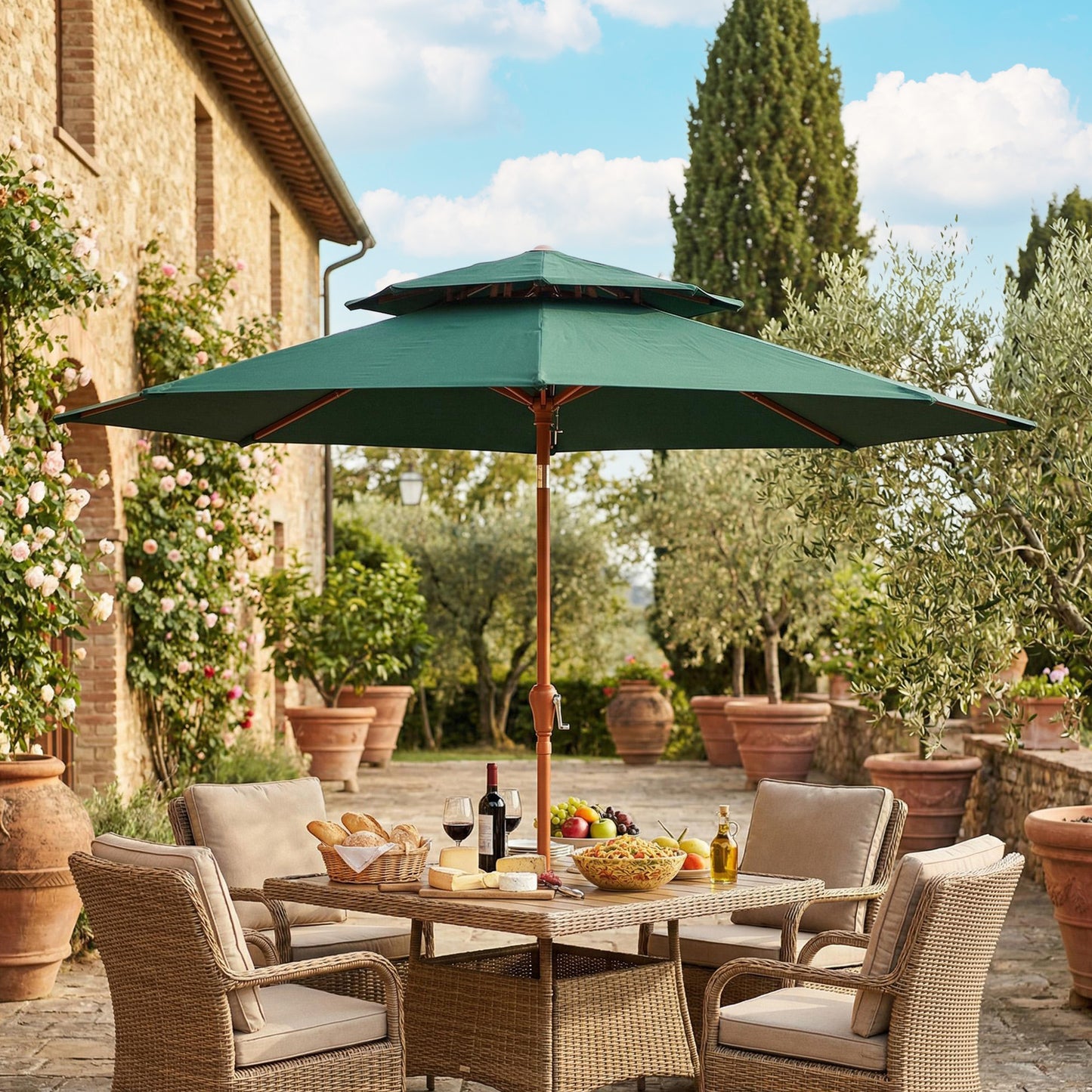 Outsunny 2.7 Meter Garden Parasol With Double Top Canopy Outdoor Market Table Umbrella With Crank System Green