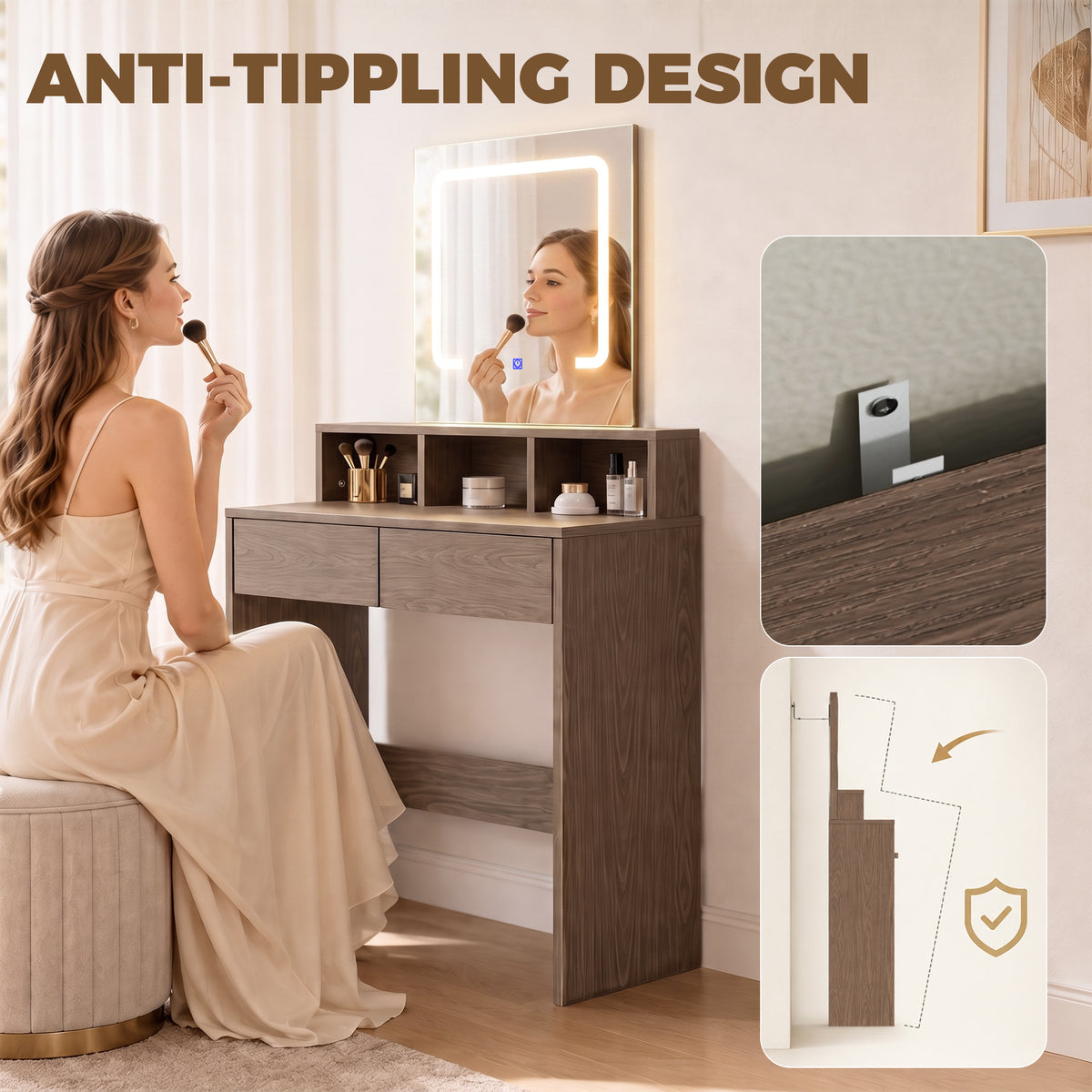 Homcom Walnut Vanity Table With LED Mirror And Two Drawers