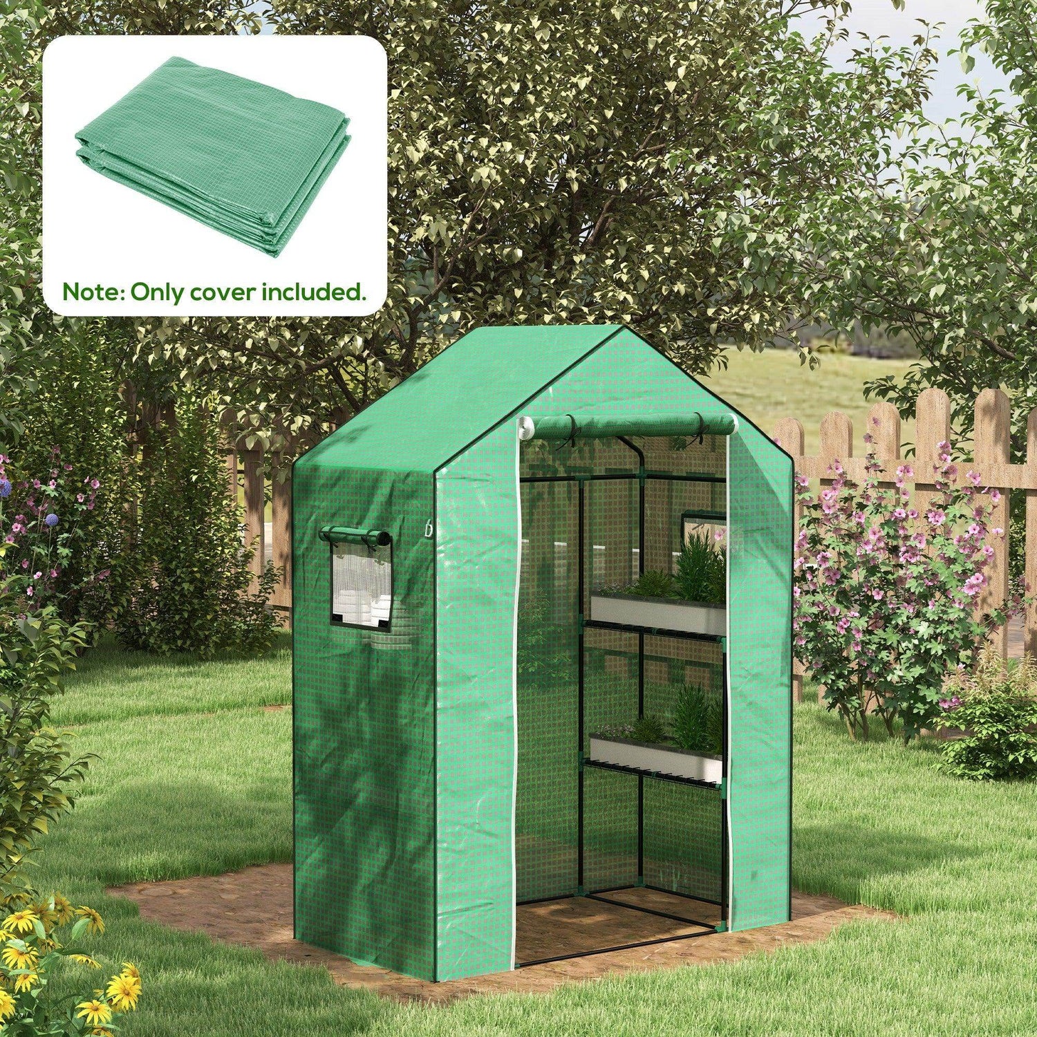 Outsunny Greenhouse Cover Replacement Walk-in PE Hot House Cover with Roll-up Door and Windows, 140 x 73 x 190cm, Green - ALL4U RETAILER LTD