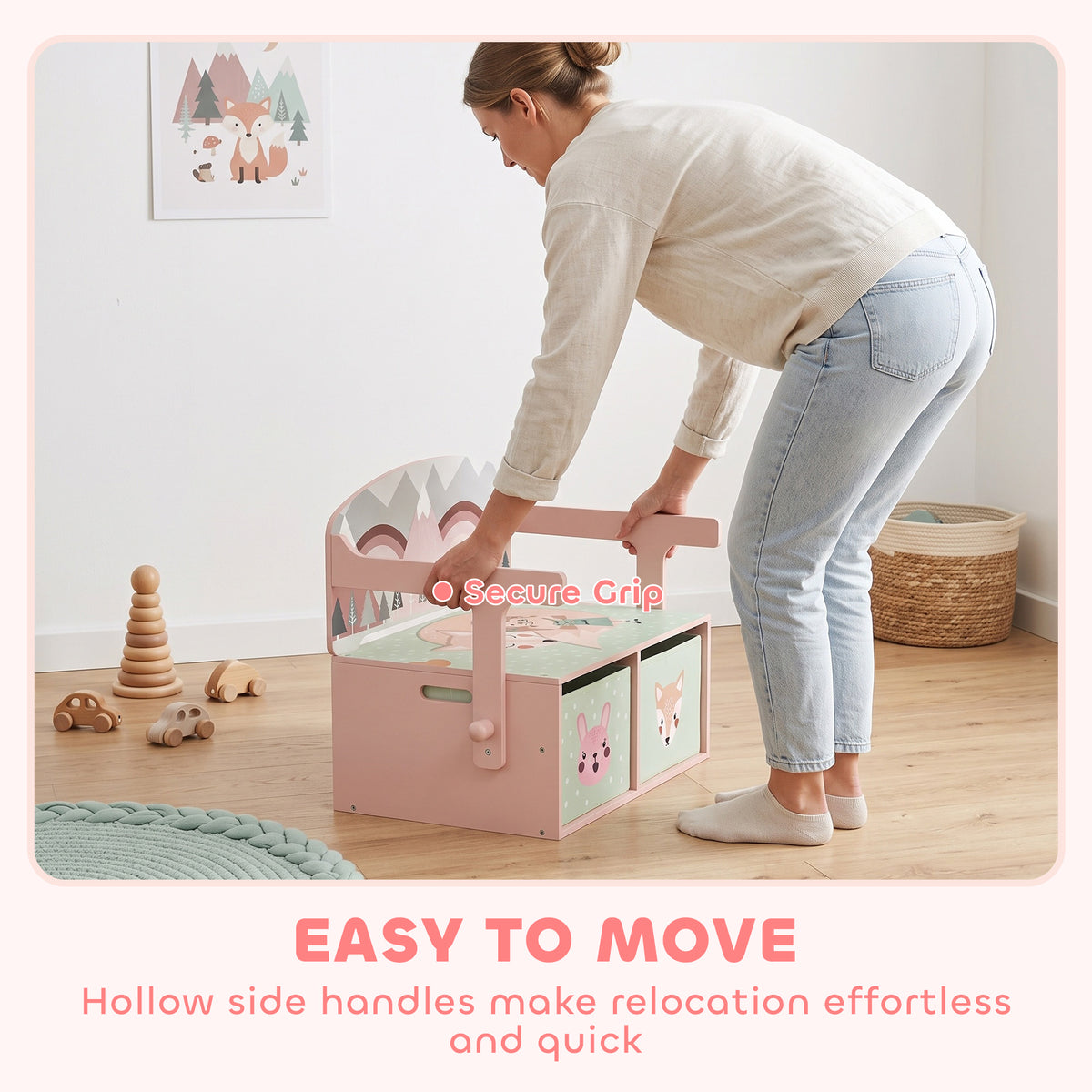 Pink wooden kids storage bench with hollow side handles and open tabletop lid