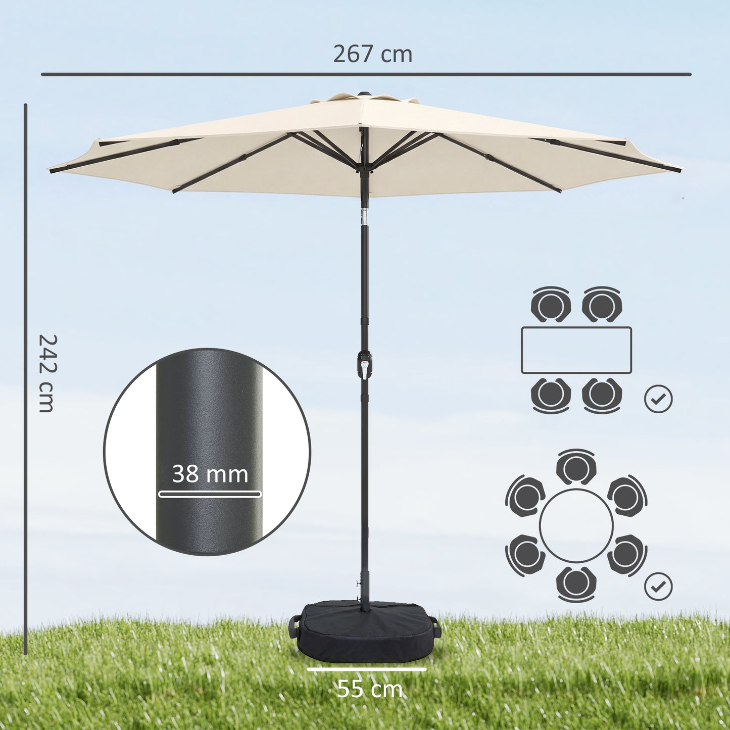 Outsunny 2.7m Garden Parasol Umbrella With Cross Base And Sandbag Retractable Ribs Market Table Umbrella Cream White