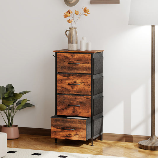 HOMCOM Chest Of Four Fabric Drawers With Steel Frame And X Shaped Support Bars For Bedroom Storage Rustic Brown
