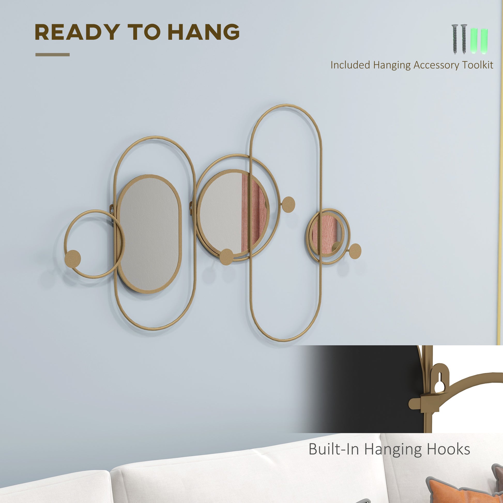 HOMCOM Elegant Gold-Toned Metal Wall Mirror with Coat Hooks for Contemporary Living Spaces - ALL4U RETAILER LTD