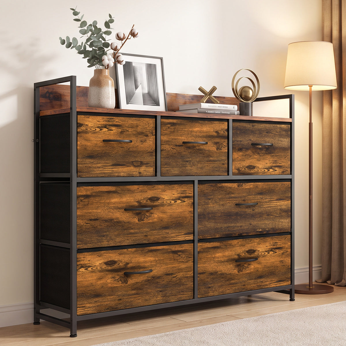 7-drawer fabric dresser with rustic brown drawer fronts and black steel side frame