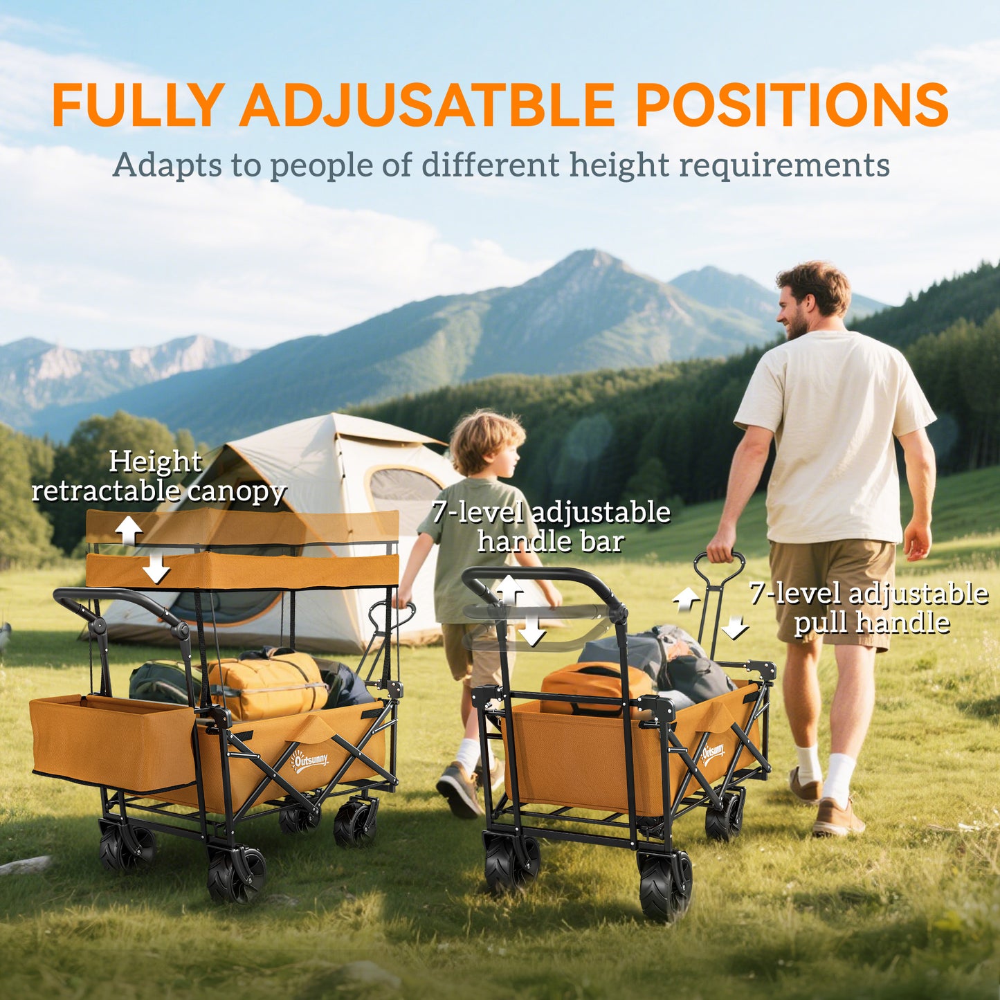 Outsunny 120L Folding Camping Trolley Cart With Removable Canopy Terrain Wheels Adjustable Handle Push Or Pull Orange