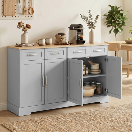 Grey sideboard cabinet with four drawers and four doors, two adjustable shelves