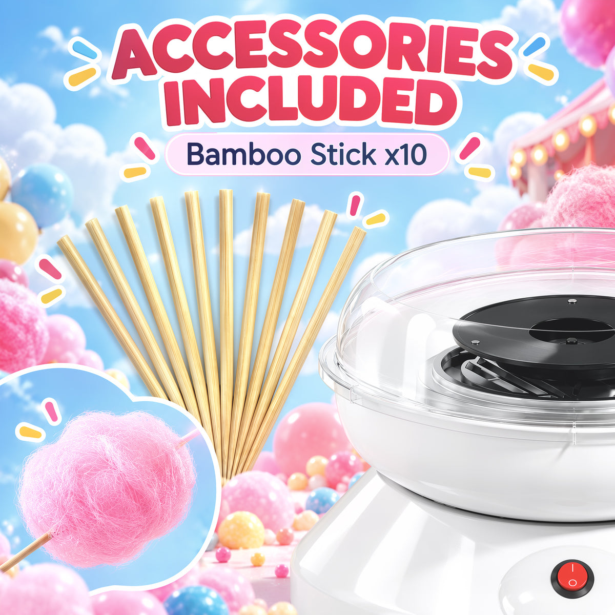 Electric cotton candy maker with 10 bamboo sticks, clear lid and spinning tray