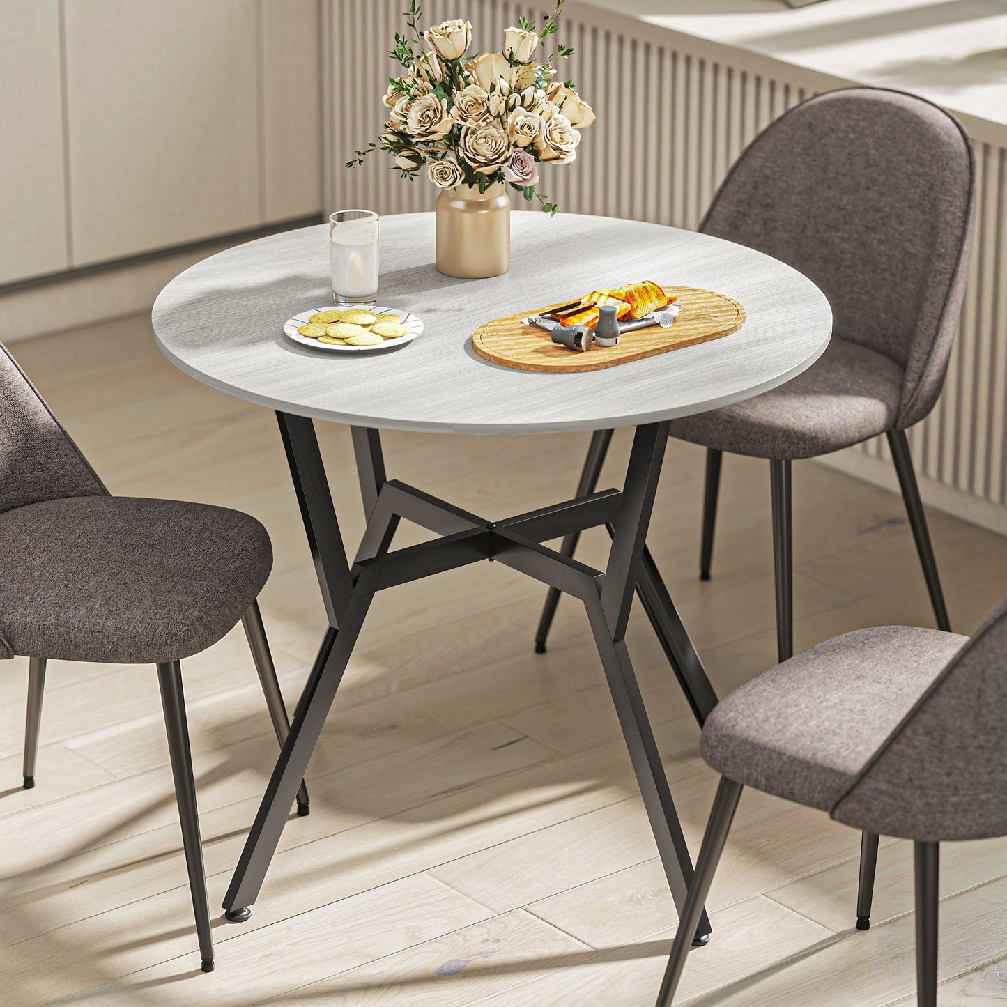 HOMCOM Round Dining Table 90 x 76 cm Grey with Black Metal Legs Anti Slip Foot Pads for Living Room and Dining Room