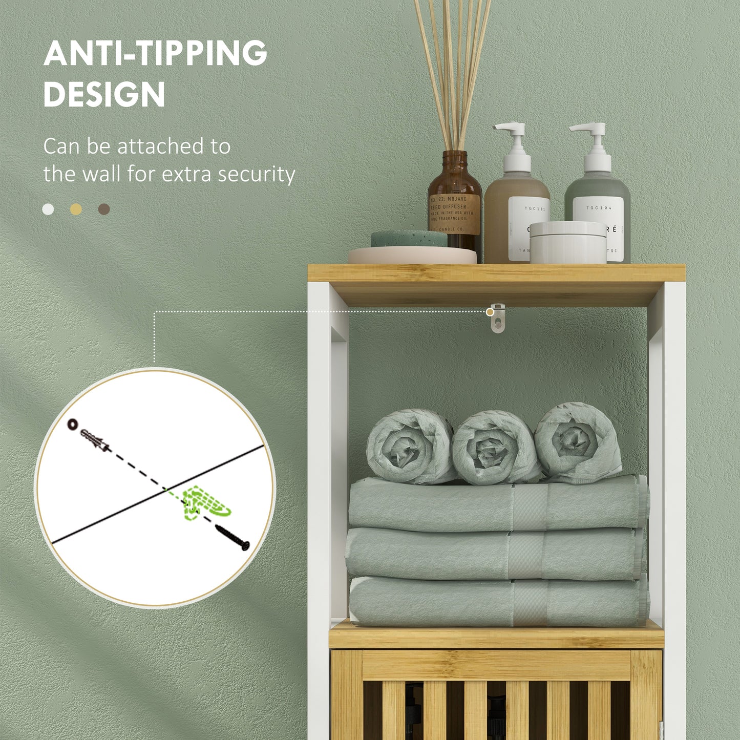 HOMCOM Bamboo Blend Retro Cut Out Bathroom Storage Cabinet with Cupboard and Adjustable Shelves Slim Unit