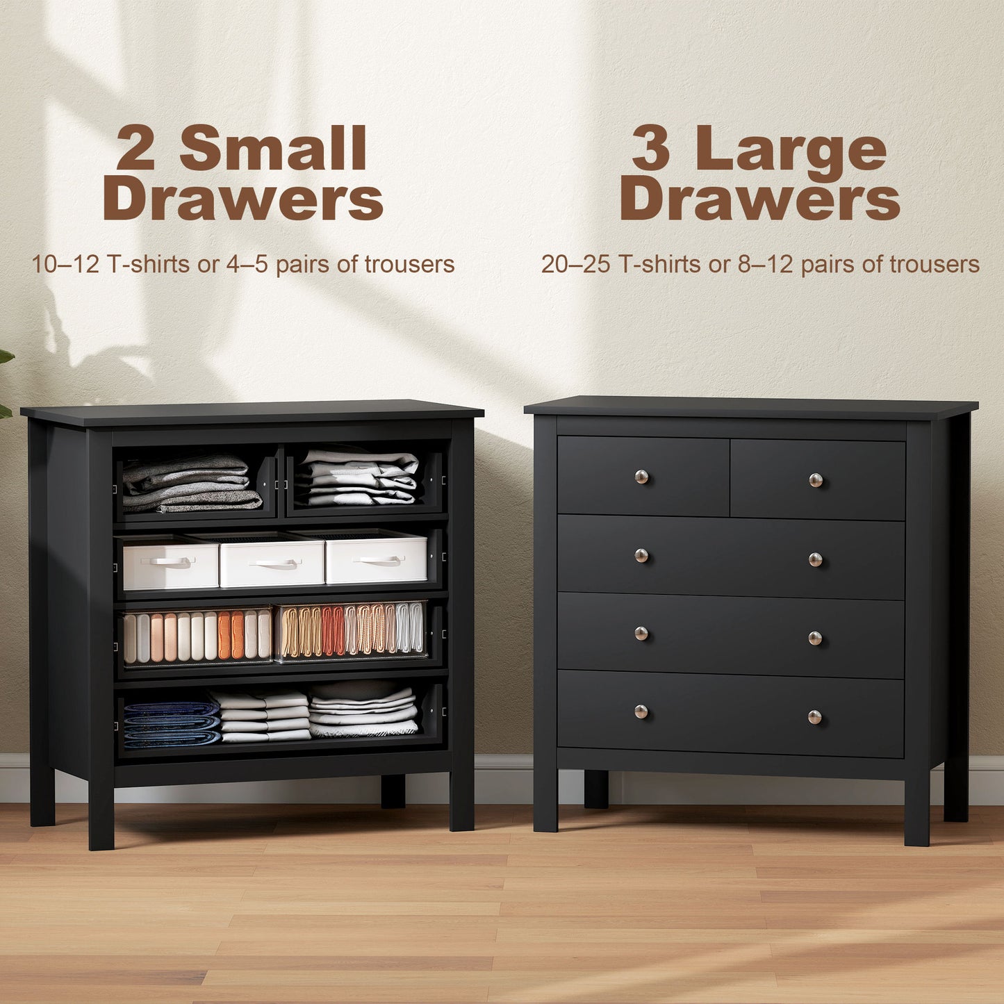HOMCOM Five Drawer Dresser Chest of Drawers in Black for Bedroom Living Room Hallway with Round Knobs