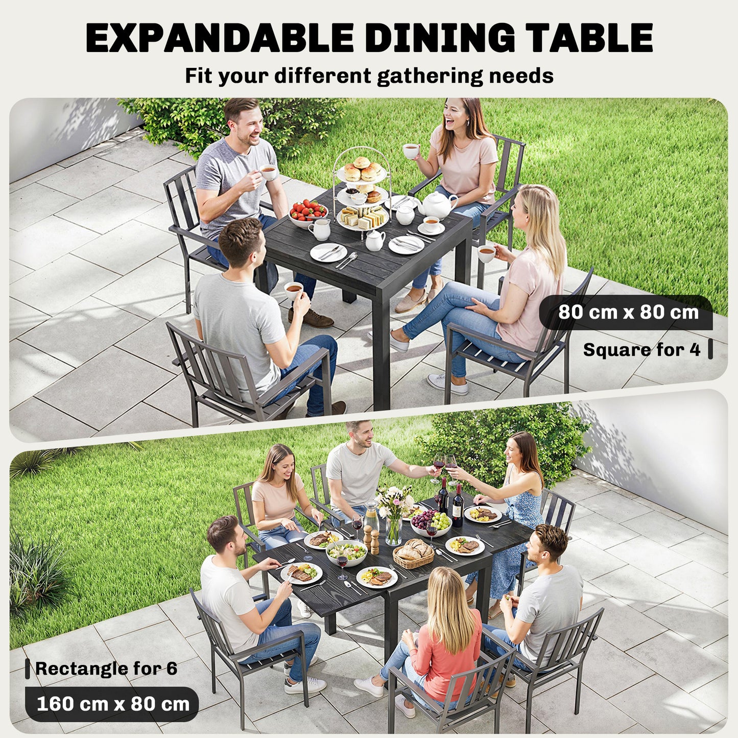 Outsunny Extendable Garden Table For Four To Six, Aluminium Outdoor Dining Table With Faux Wood Slatted Top, Black