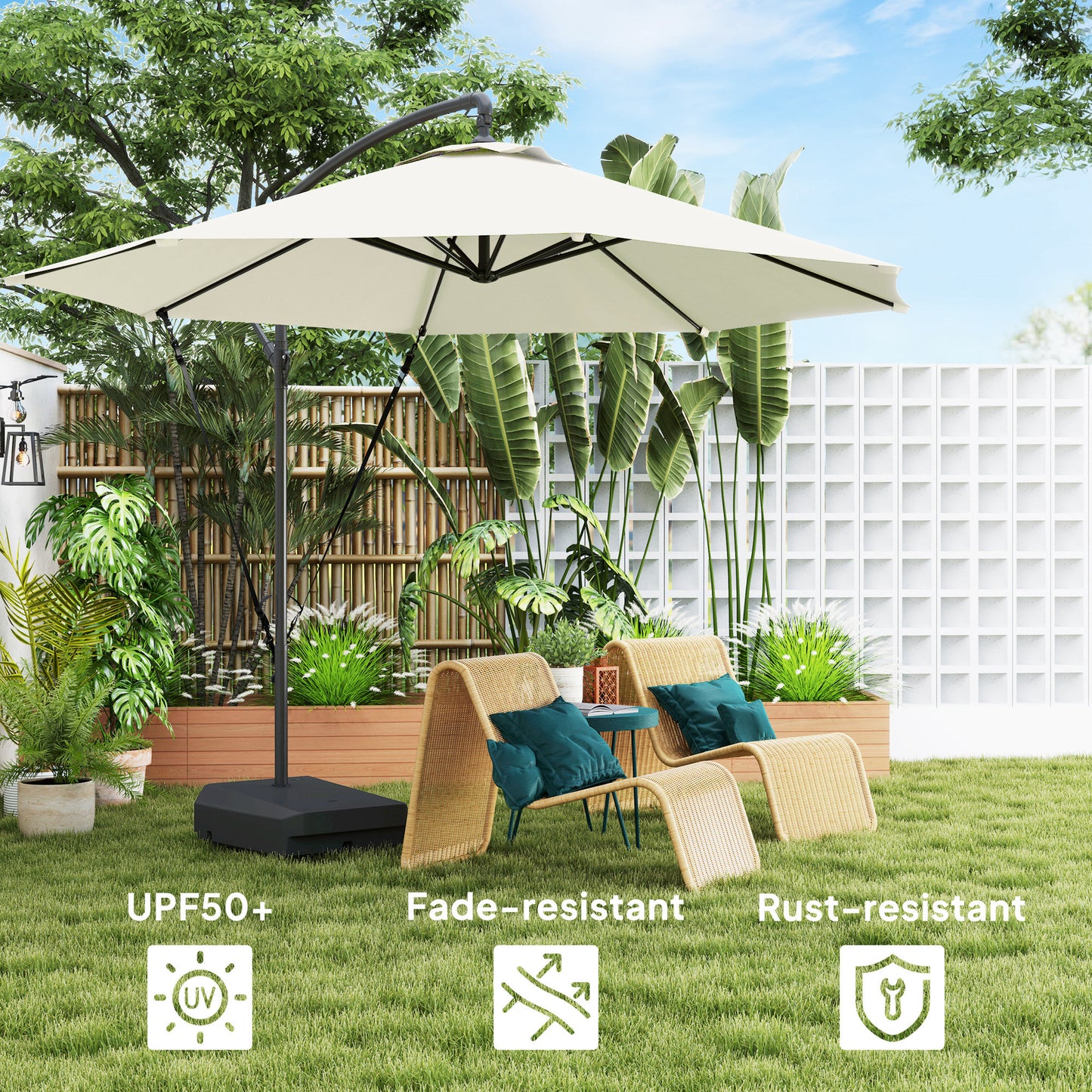 Outsunny 3m Garden Cantilever Parasol With Fillable Base Up To 90kg, Crank Tilt, Wind Straps, UPF50+ Cream, Cover