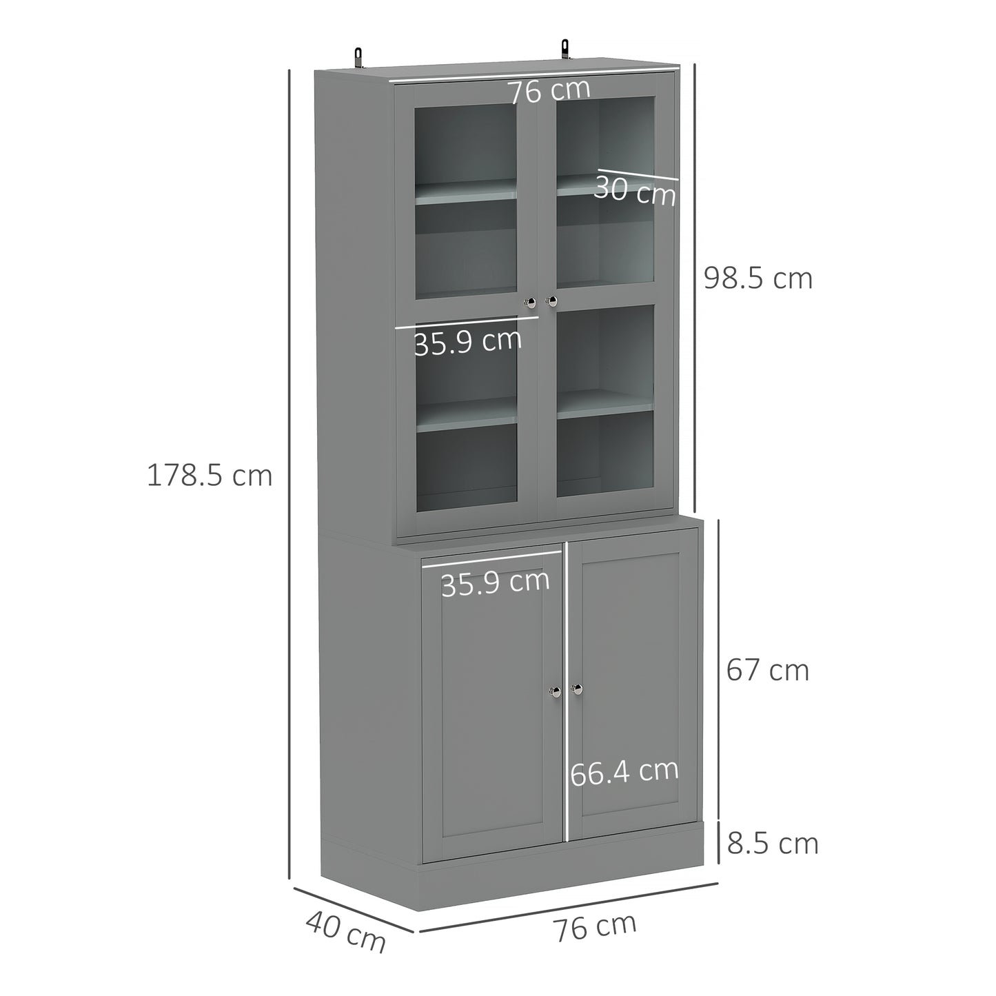 HOMCOM Double Storage Display Cabinet with Tempered Glass Doors Grey for Elegant Living Room Display and Extra Storage