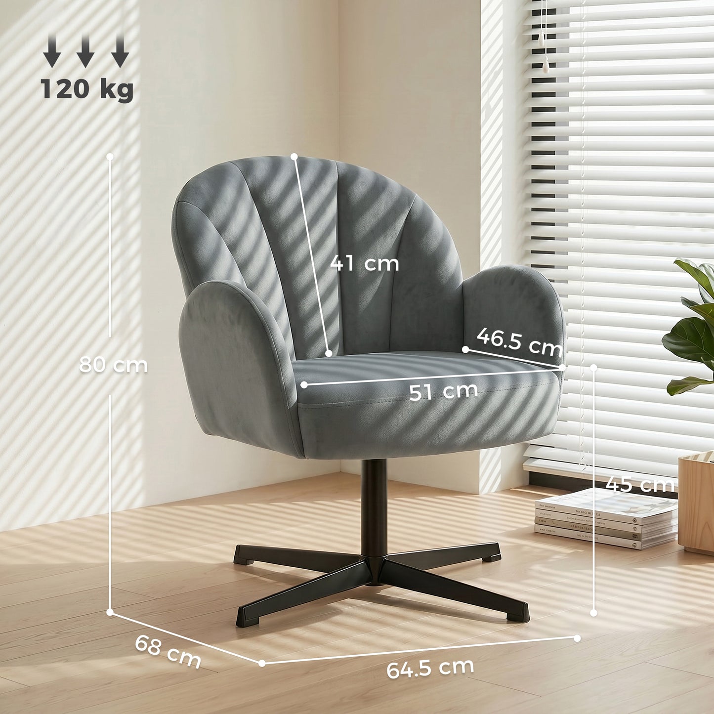 HOMCOM Swivel Accent Chair Shell Shaped Armchair With Spring Cushion 360 Degree Swivel Metal Base Grey