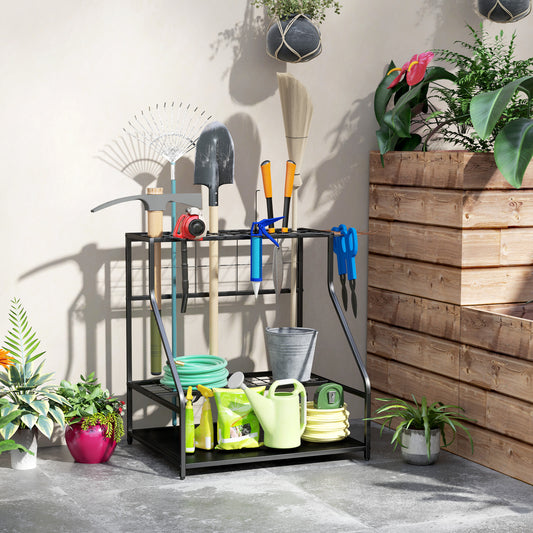 Outsunny 3 Tier Garden Tool Storage Rack With 11 Hooks Holds 20 Tools For Long Handled Brooms Shovels Rakes Garage