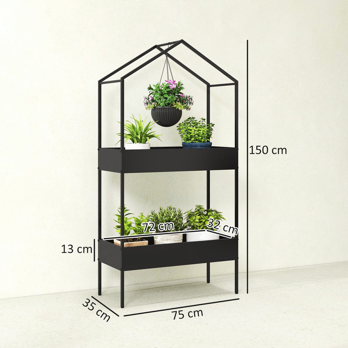 Outsunny 2 Tier Plant Stand With Hook Outdoor Indoor Metal Display Rack House Shaped Pots Holder Black