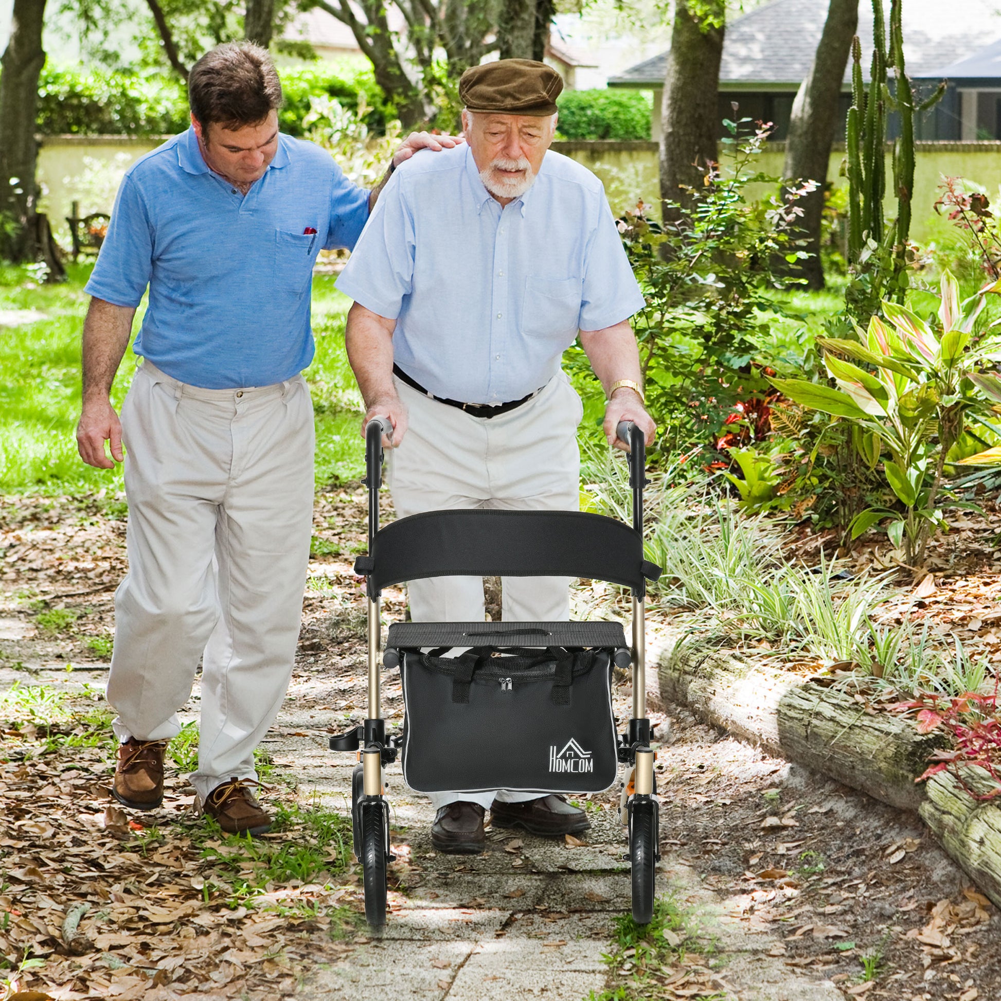 HOMCOM 4-Wheel Mobility Walker with Adjustable Height, Seat, and Cane Holder - Gold Aluminum Rollator - ALL4U RETAILER LTD