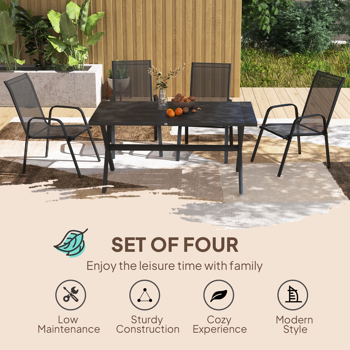 Outsunny Set Of Four Stackable Mesh Outdoor Chairs Black With High Back And Armrests