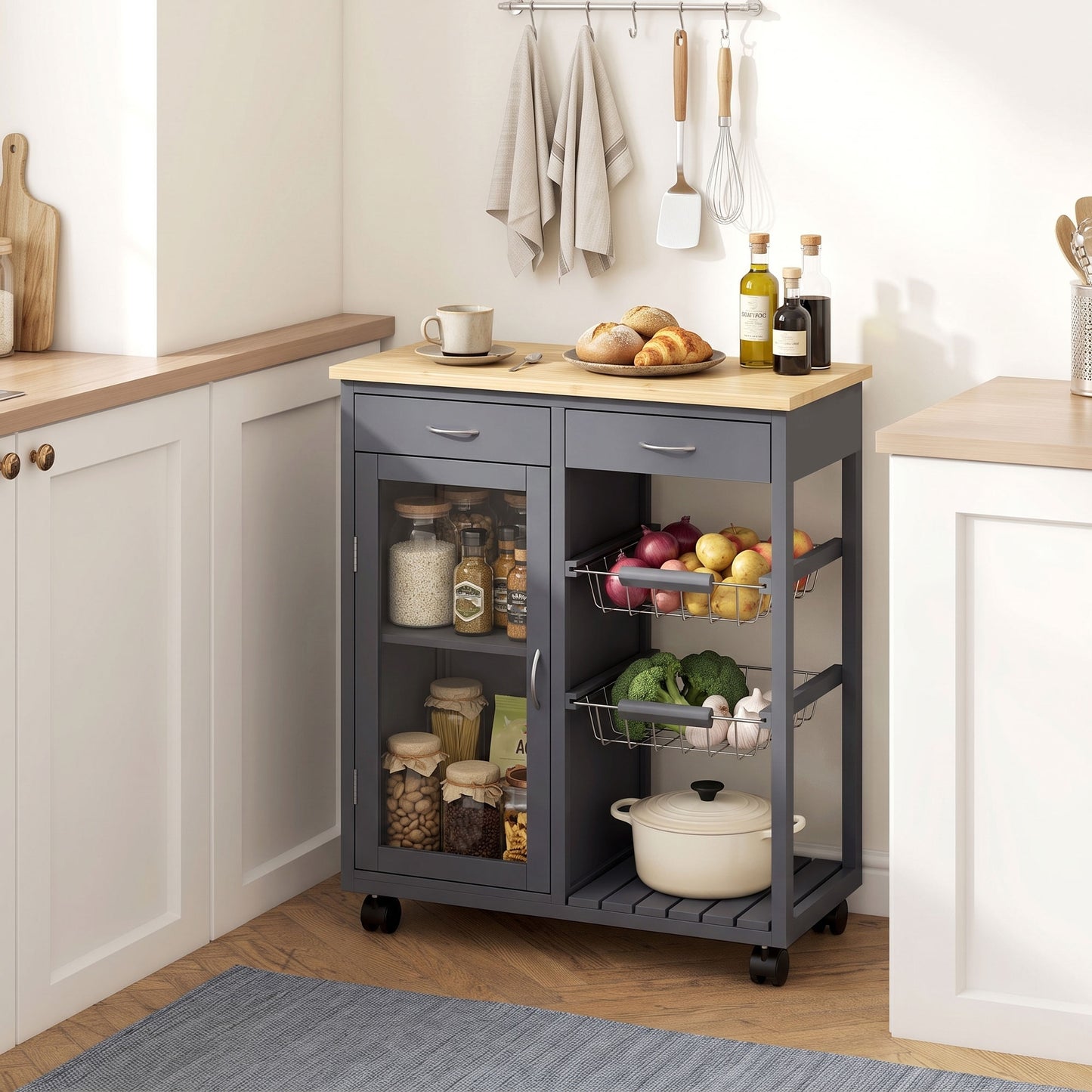 HOMCOM Bamboo Kitchen Island Rolling Trolley With Glass Door And Two Metal Wire Baskets Adjustable Shelf Grey