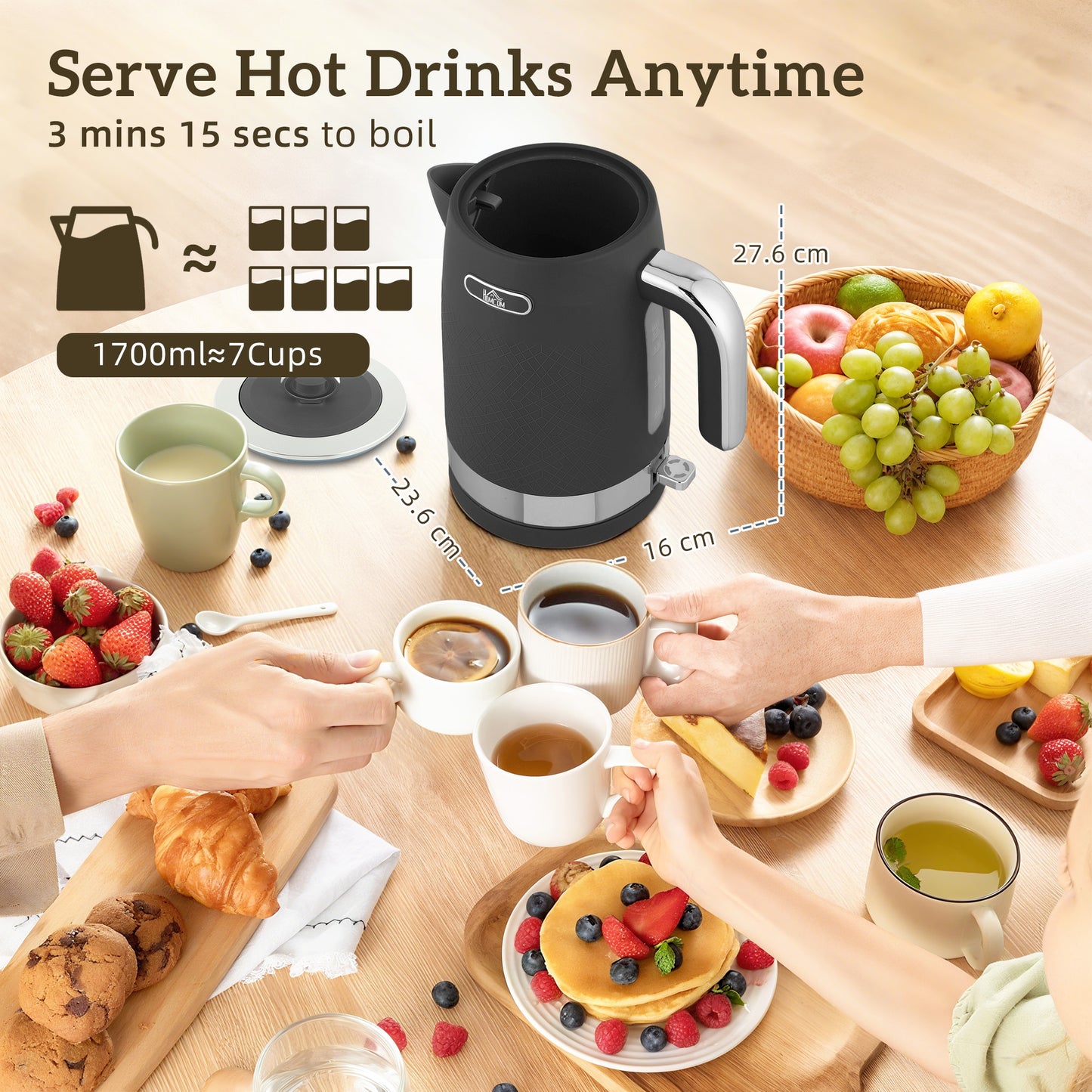 HOMCOM Sleek Textured Kettle And Toaster Set Matte Black Finish With Otter Thermostat 1.7L Kettle